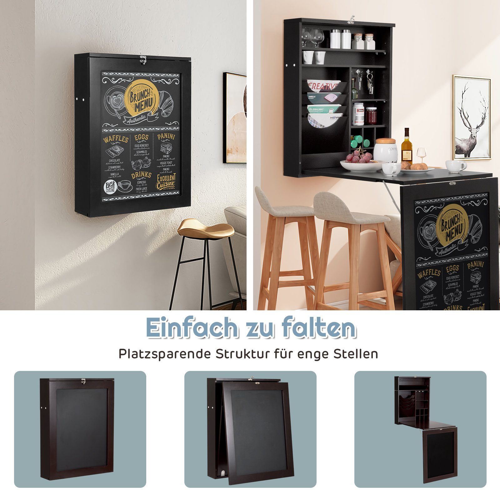 COSTWAY Klapptisch, Küche, Wand, Esstisch ausziehbar, mit Tafel, 87x60x150c günstig online kaufen