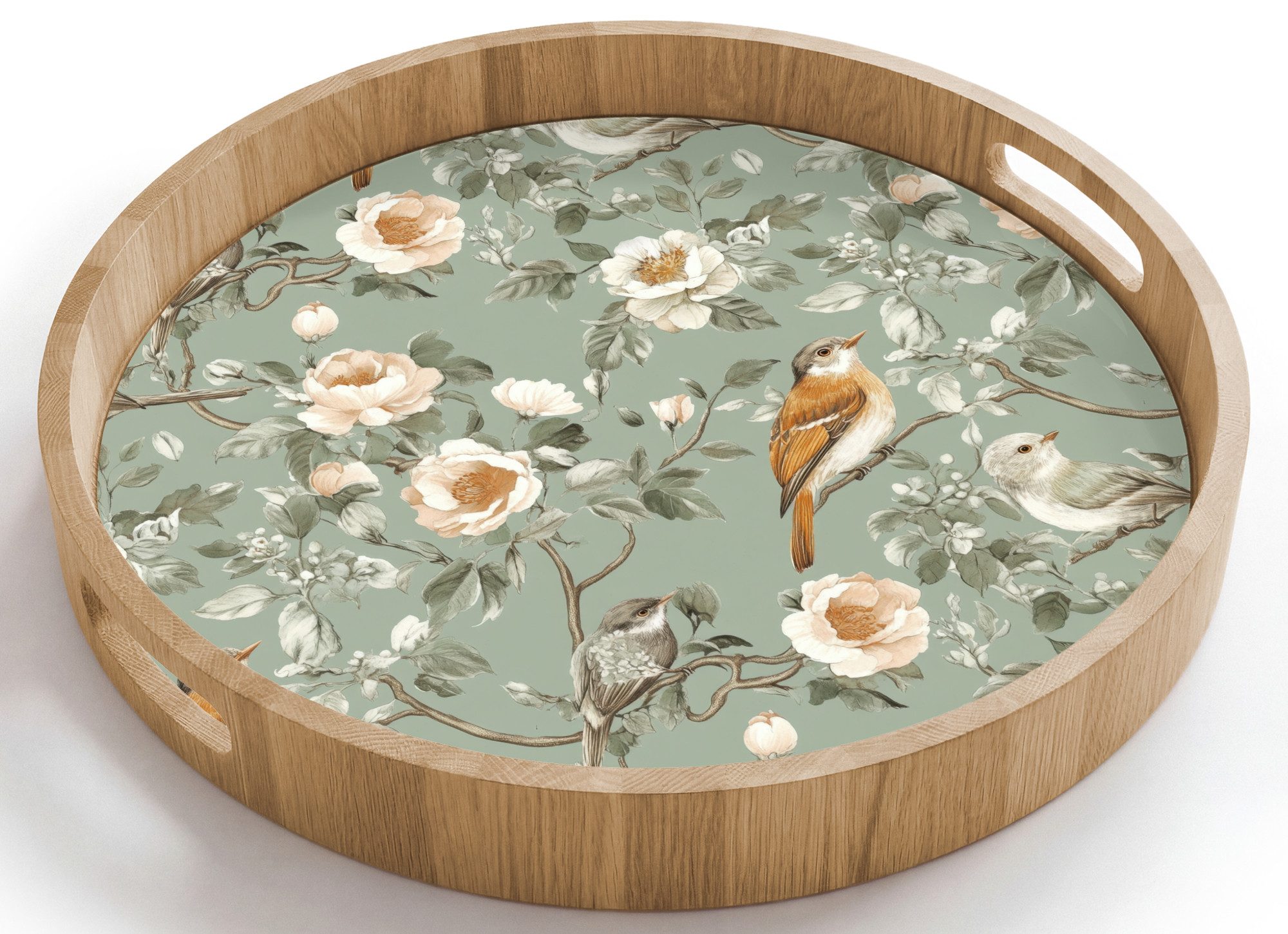 OnlyWow Tablett Rund mit Henkel Rosa - Vögel - Farbenfroh, Eichenholz, (1-tlg), Siervierplatte, Tray, Frühstücksbrett