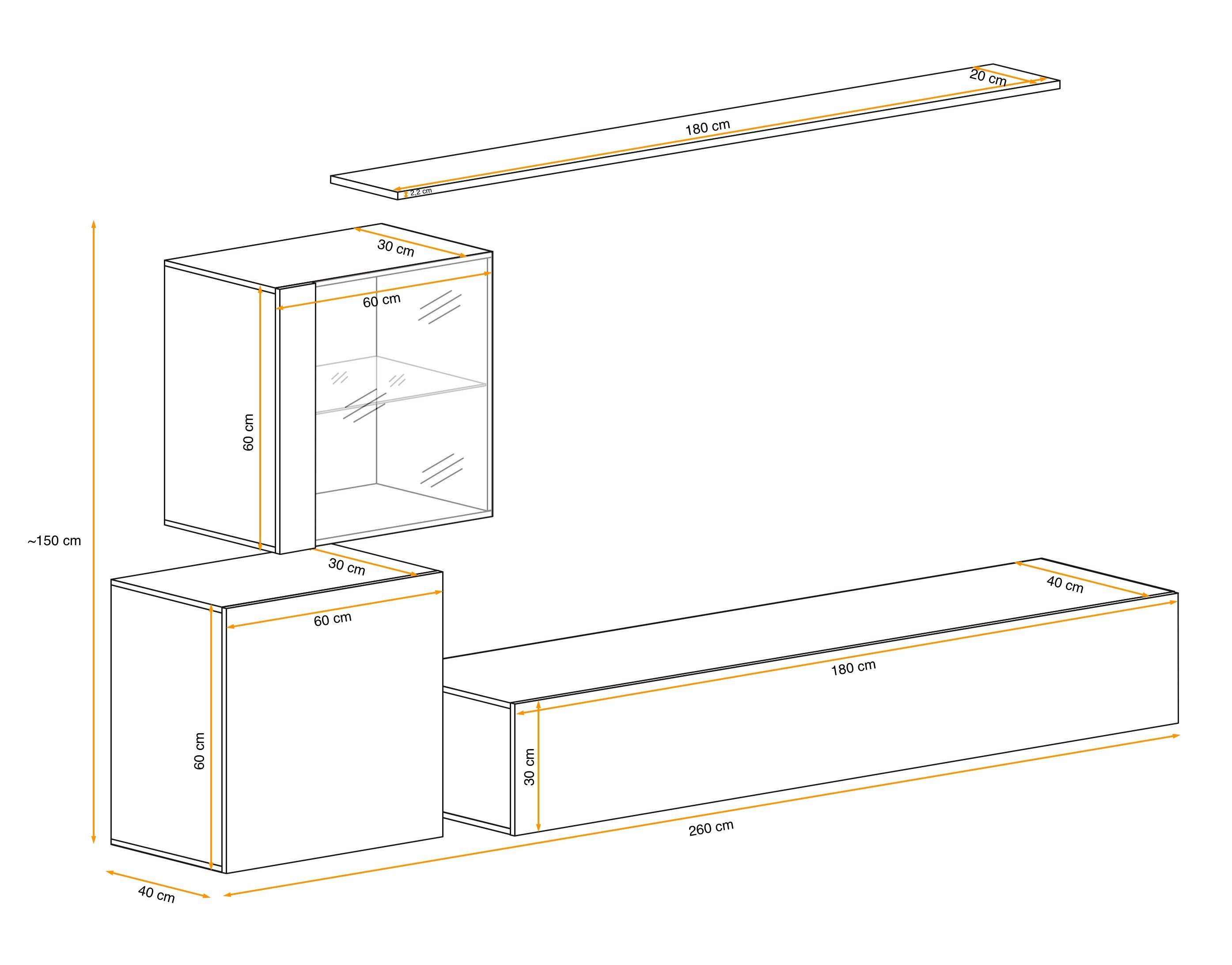 2×Wandschrank, XV L, Wohnwand (4 Eiche Wotan aus Stylefy St), hängend Schwarz - bestehend 1×Lowboard, Swotch (Set Wohnzimmer-Set), 1×Wandboard,