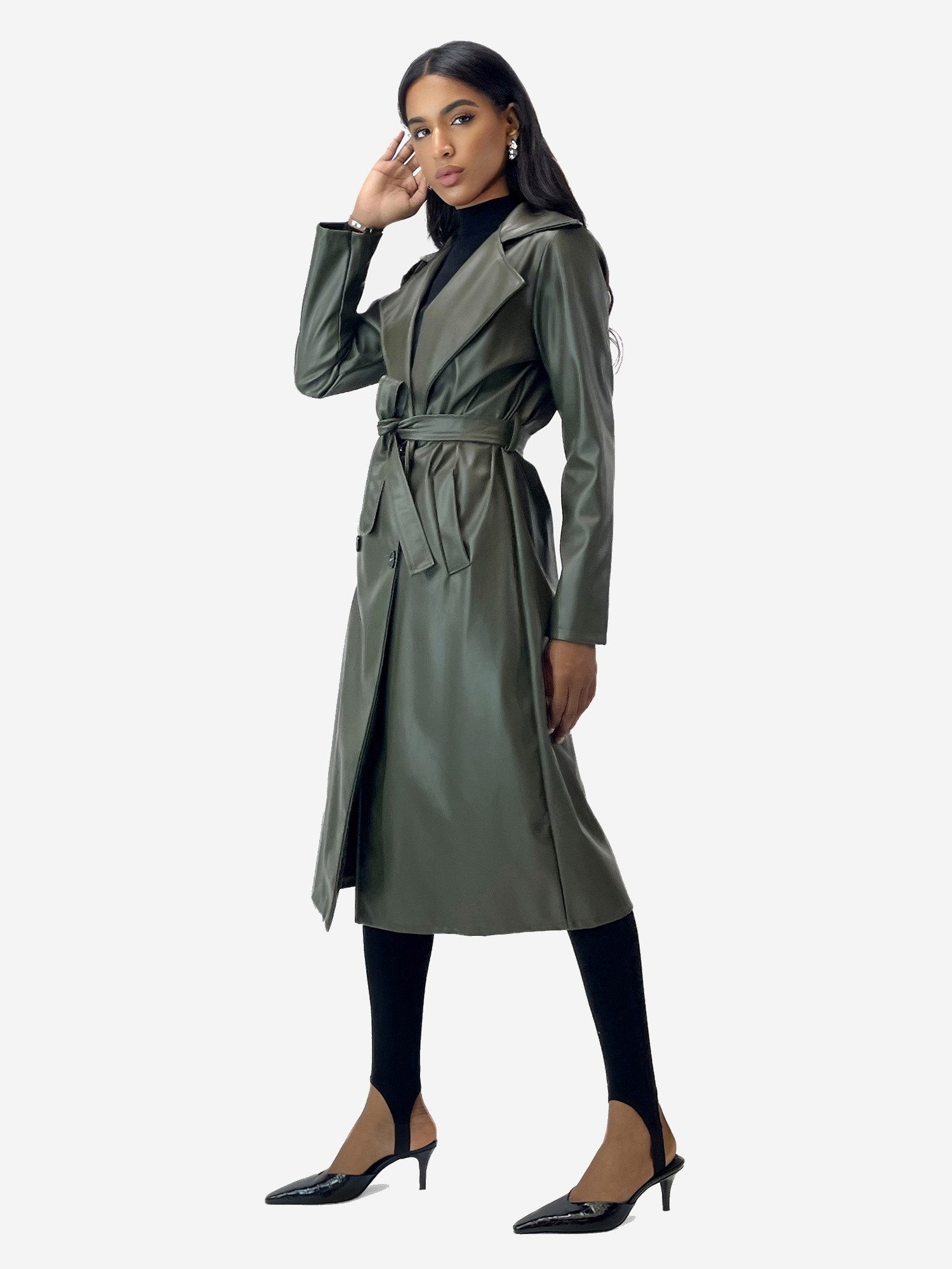 Elara Trenchcoat – Damen Mantel lang mit Bindegürtel und Reverskragen