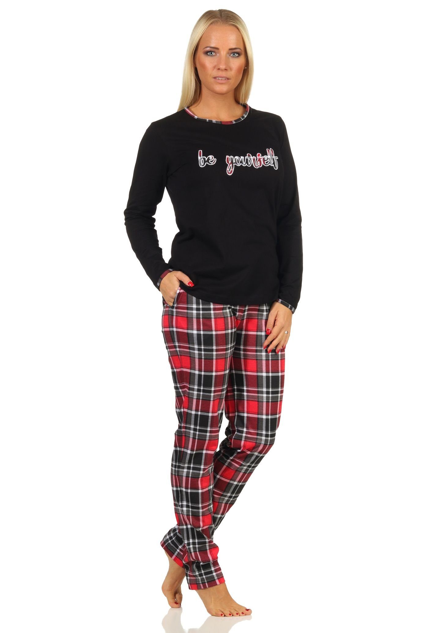 Normann Pyjama Damen Pyjama lang mit Karohose und Frontprint - auch in Übergrößen schwarz
