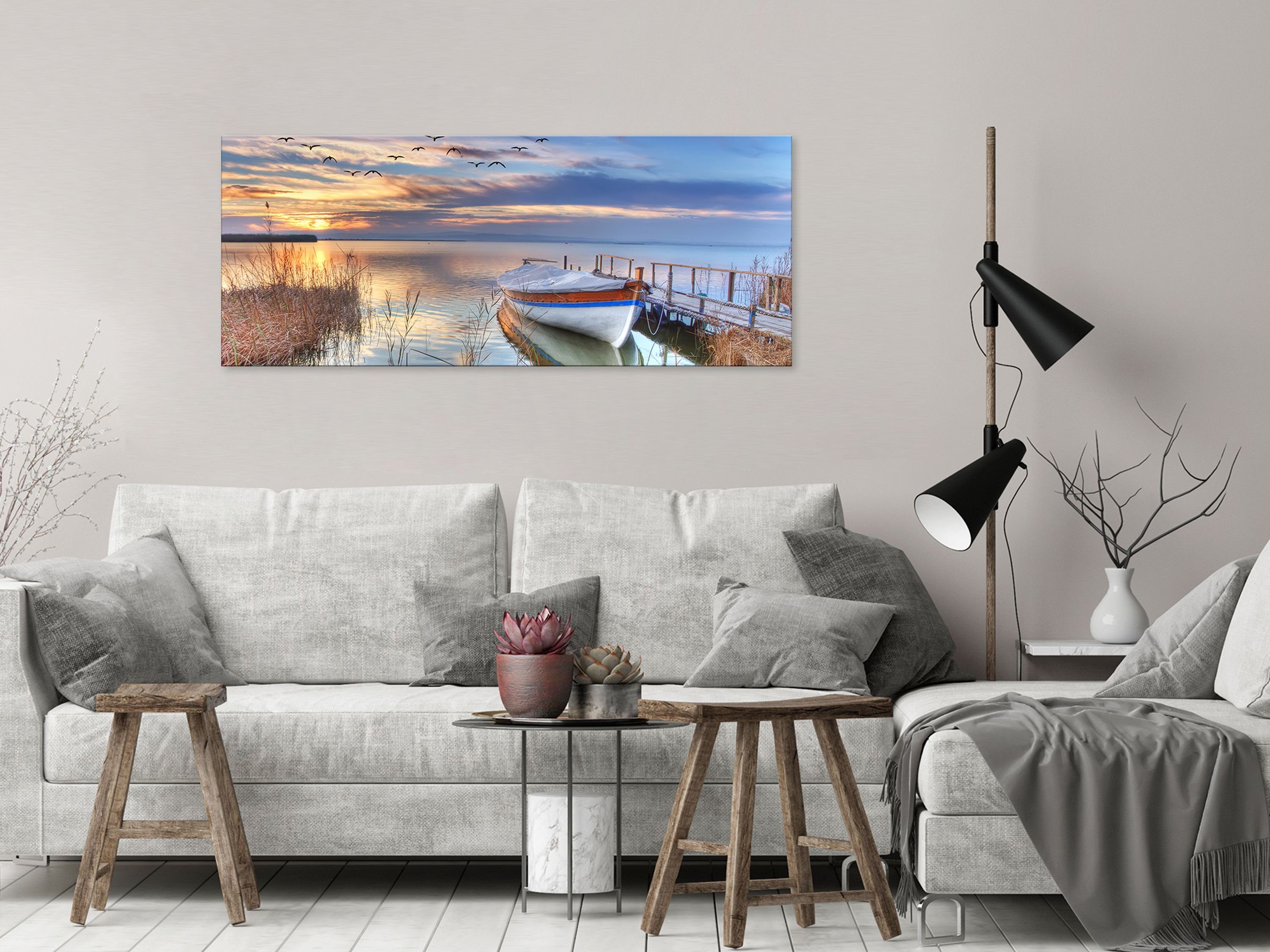 Meer, XXL cm Wandbild am Glas artissimo Boots-Steg Landschaft: 125x50 Glasbild aus Sonnenuntergang Bild See Glasbild groß