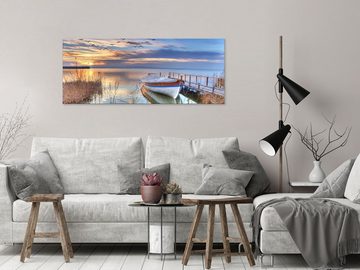 artissimo Glasbild Glasbild XXL 125x50 cm Bild aus Glas Wandbild groß Boots-Steg Meer, Landschaft: Sonnenuntergang am See