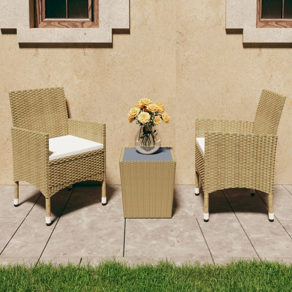 vidaXL Gartenlounge-Set 3-tlg. Bistro-Set Poly Rattan und Hartglas Beige, (1-tlg)