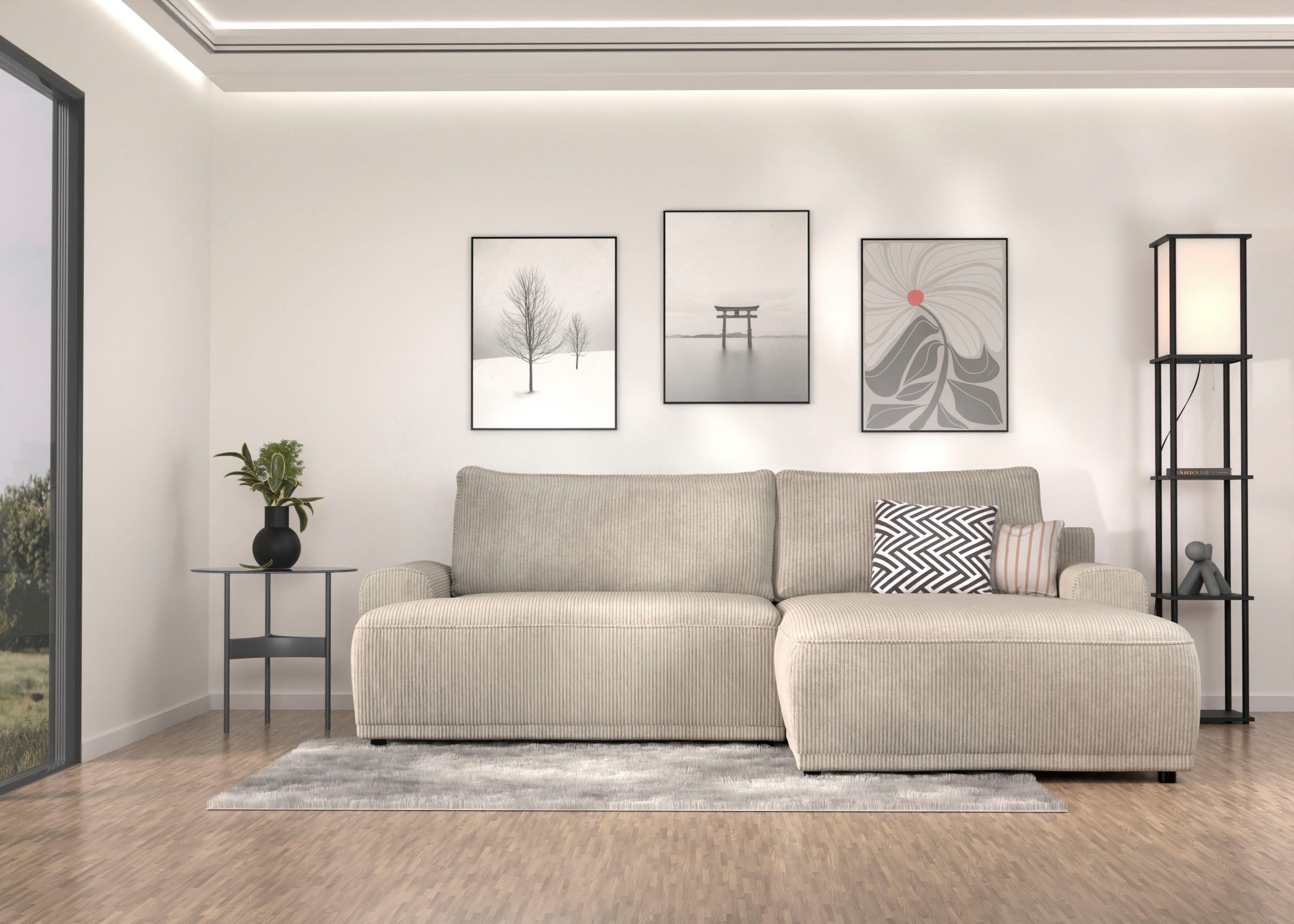 TRENDMANUFAKTUR Ecksofa Fordon, Schlafsofa mit Bettkasten, Couch in L-Form, Breite 250 cm, in Cordstoff HYPER, cream, Recamiere rechts