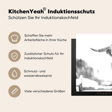 MuchoWow Herdblende-/Abdeckplatte Ein schottischer Highlander im Schnee - schwarz und weiß, Vinyl, (1 tlg), 83x51 cm, Ceranfeldabdeckung, Arbeitsplatte für küche