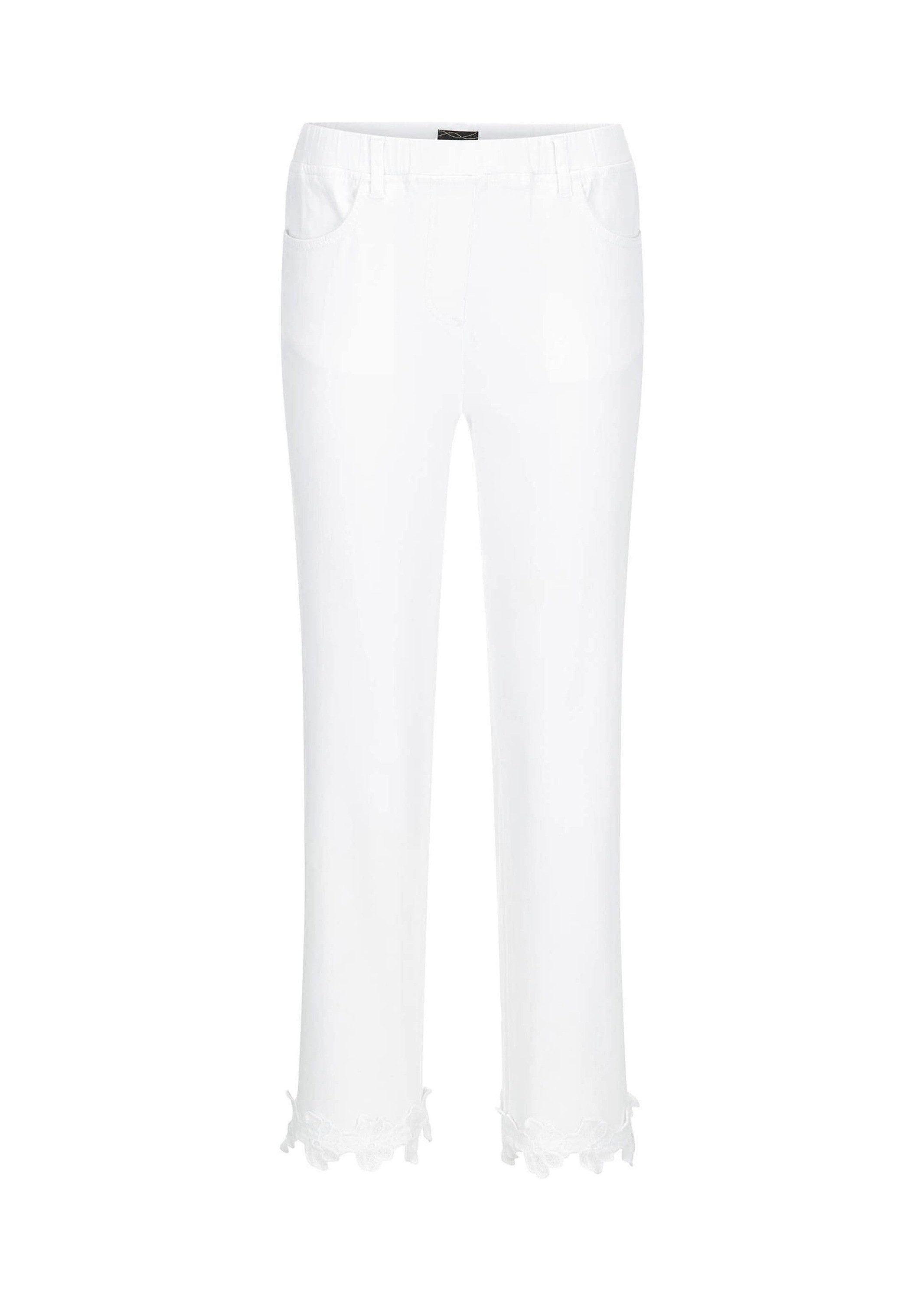 Schlupfhose Kurzgröße: Denimhose mit floraler Spitze