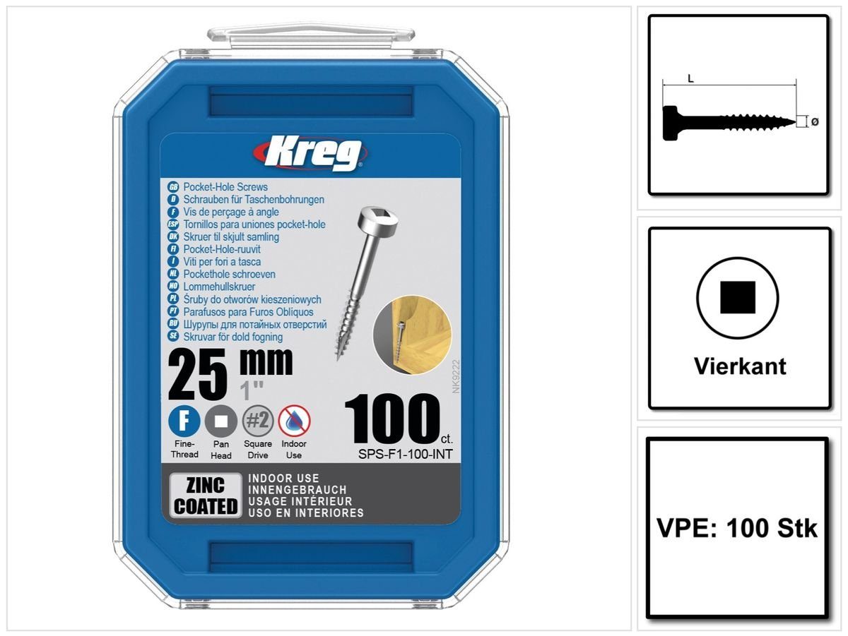Kreg Schraube Pocket-Hole Zylinderkopfschraube 25 mm 100 Stk. (SPS-F1-100) Vierka