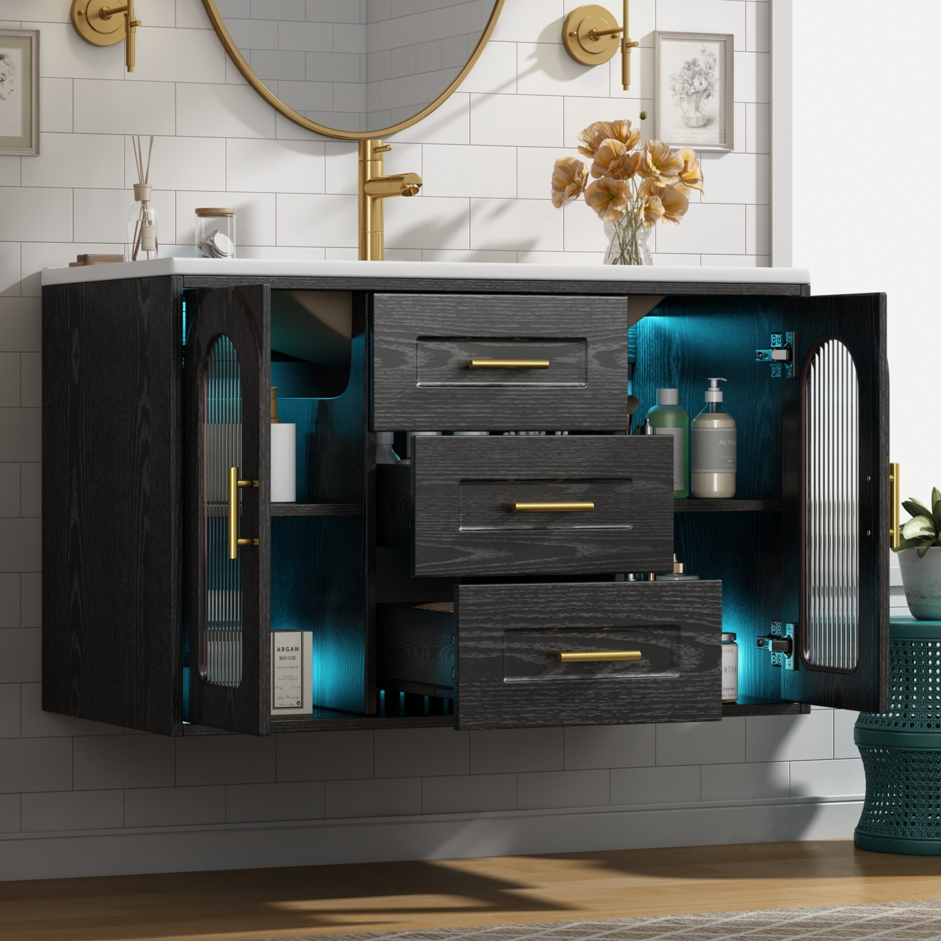 Flieks Waschtisch mit Led-Beleuchtung Waschbeckenunterschrank inkl. Waschbecken (B76/T46/H55 cm, 1-St., wandhängender Badschrank mit verstellbarer Einlegeböden), Badmöbel-Set mit 2 Schubladen und Glastüren Badezimmerschrank Schwarz