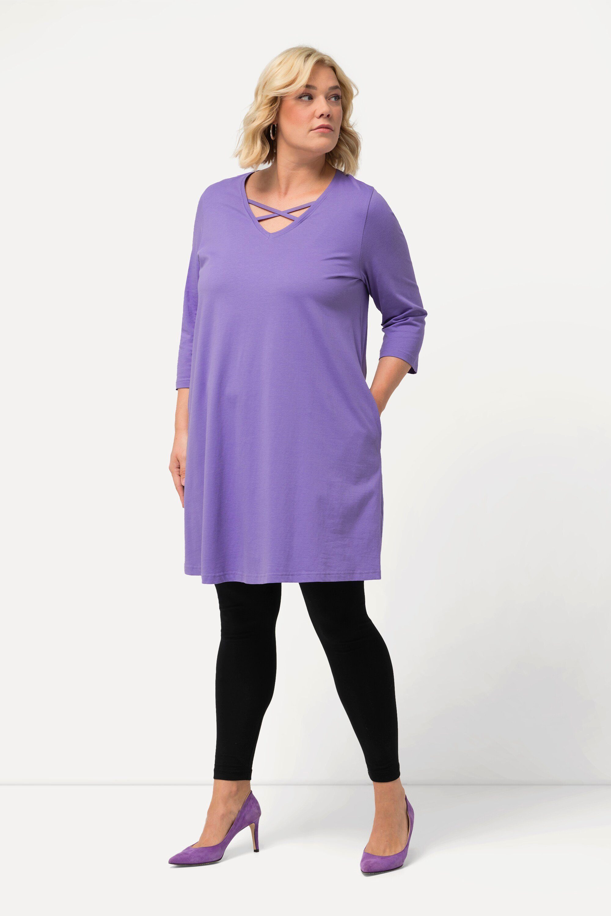 Ulla Popken Longshirt Longshirt Zierbänder A-Linie V-Ausschnitt 3/4-Arm