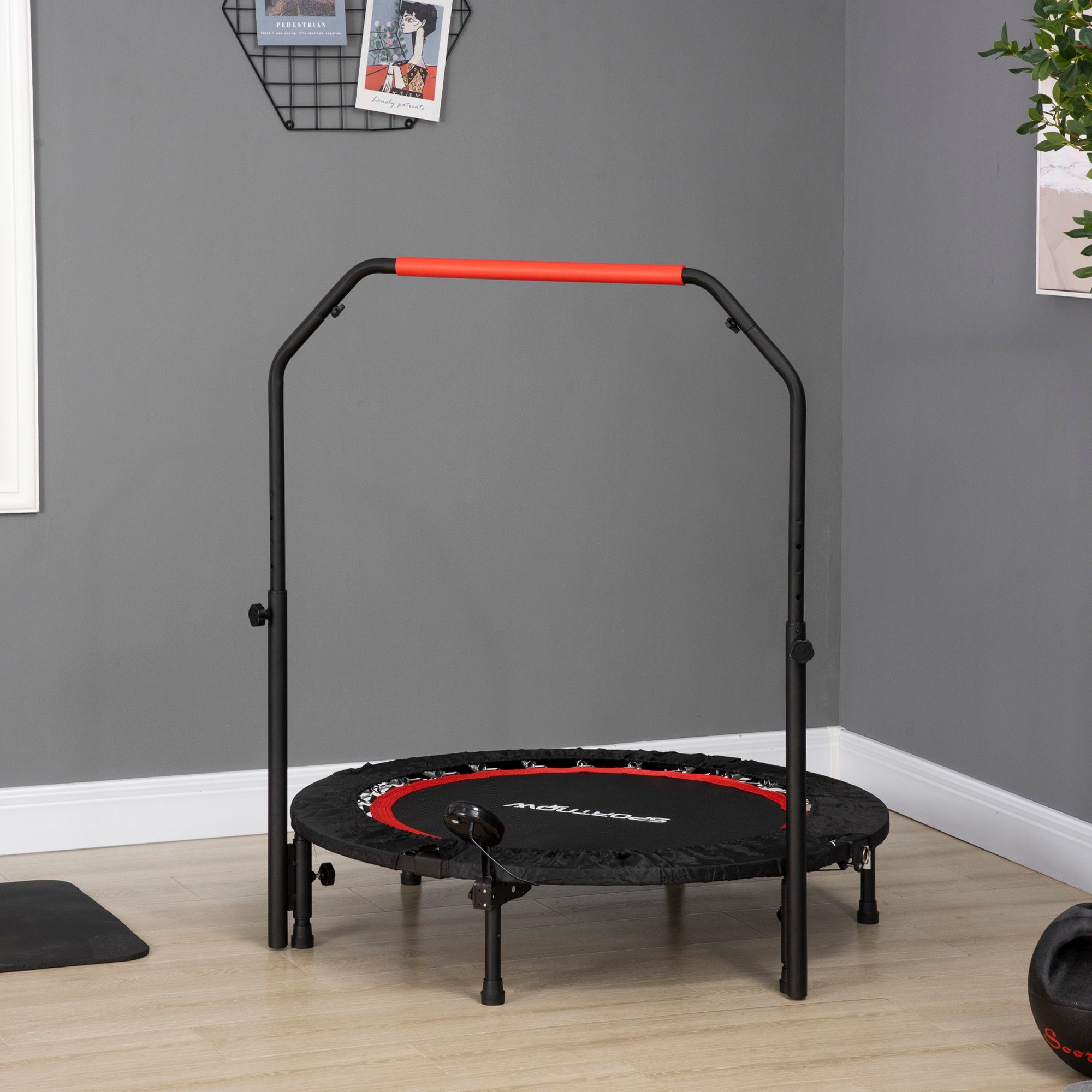 SPORTNOW Fitnesstrampolin mit Haltegriff, LCD-Monitor, Stahl, Ø 15 cm, (Fitness-Rebounder, 1 tlg., Fitness-Trampolin), für Erwachsene, bis 100 kg, 102 cm
