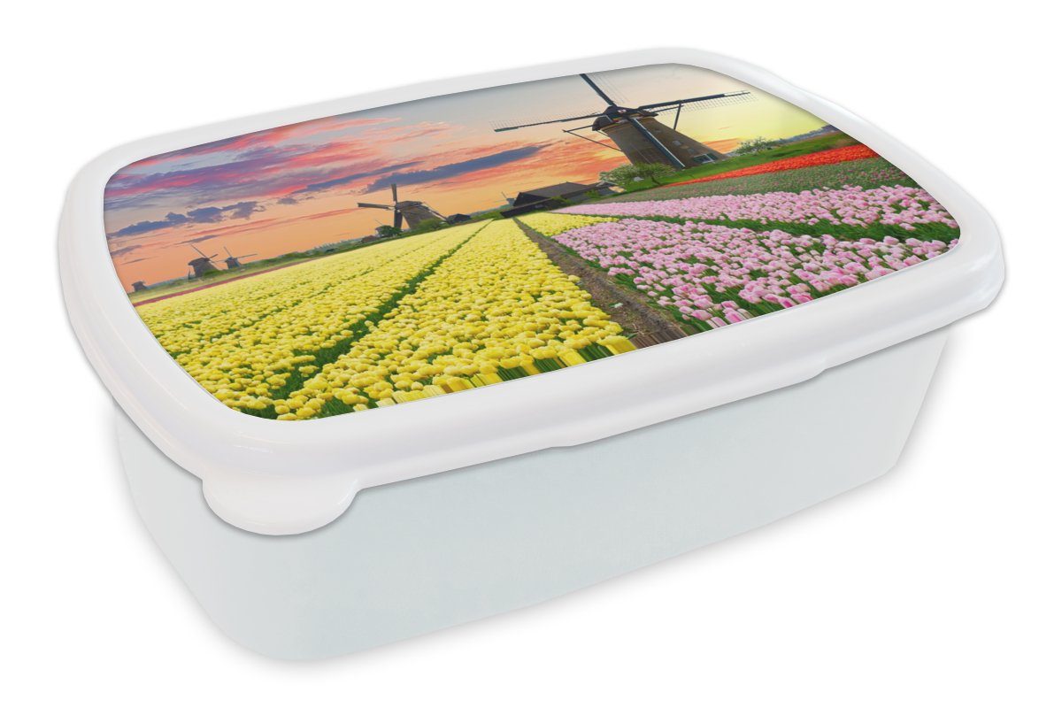 MuchoWow Lunchbox Tulpen - Windmühle - Natur, Kunststoff, (2-tlg), Brotbox für Kinder und Erwachsene, Brotdose, für Jungs und Mädchen weiß | Lunchboxen