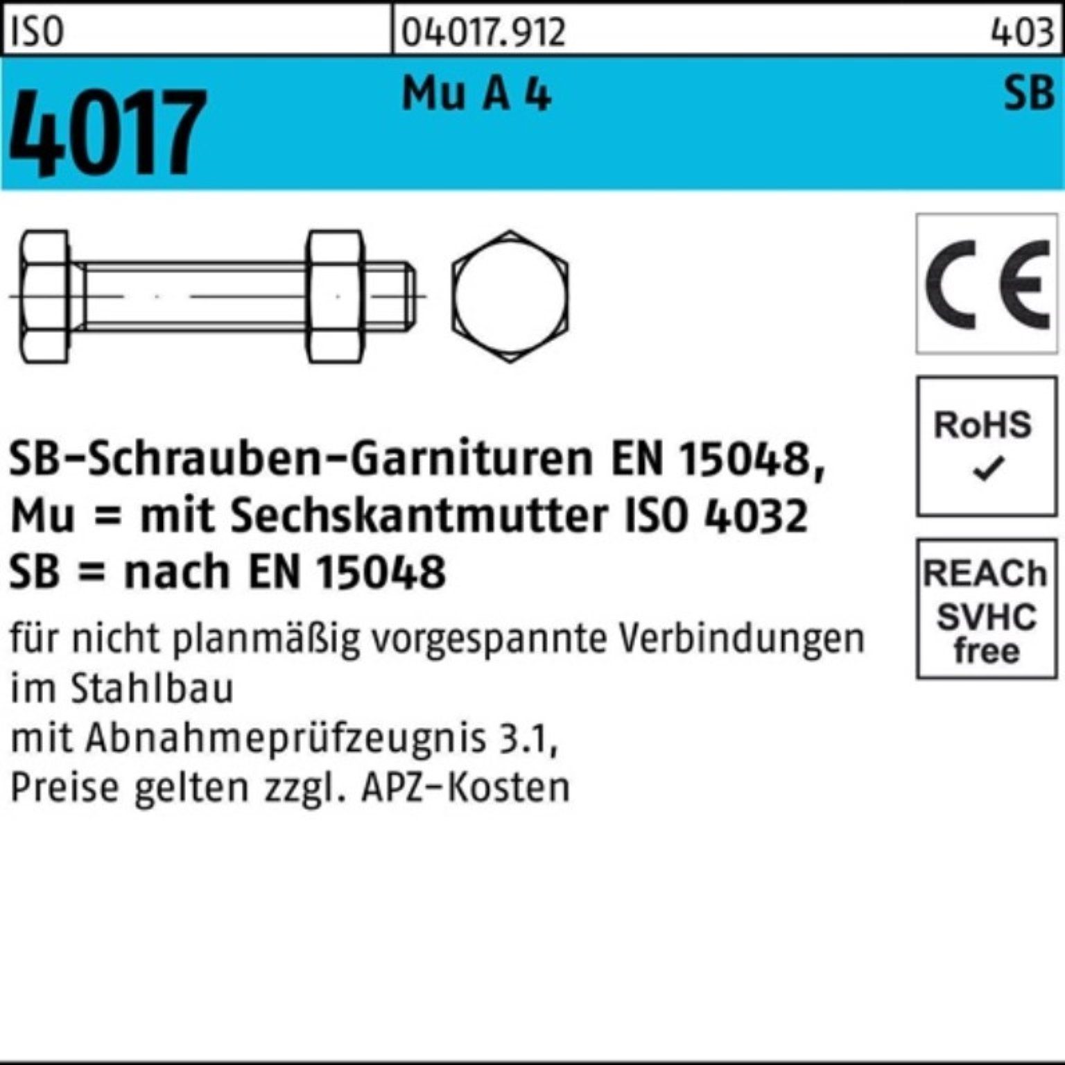 Bufab Sechskantschraube 100er Pack Sechskantschraube ISO 4017 VG Mutter M24x 60 A 4-70 SB 10 S