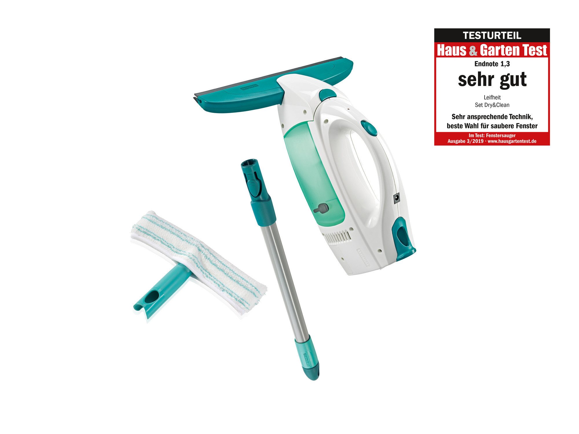 Leifheit Fenstersauger Set Fenstersauger Dry & Clean mit Stiel und Einwascher, (5-St) Streifenfrei Absaugen, bis 38 Minuten Laufzeit, 43cm Stiel