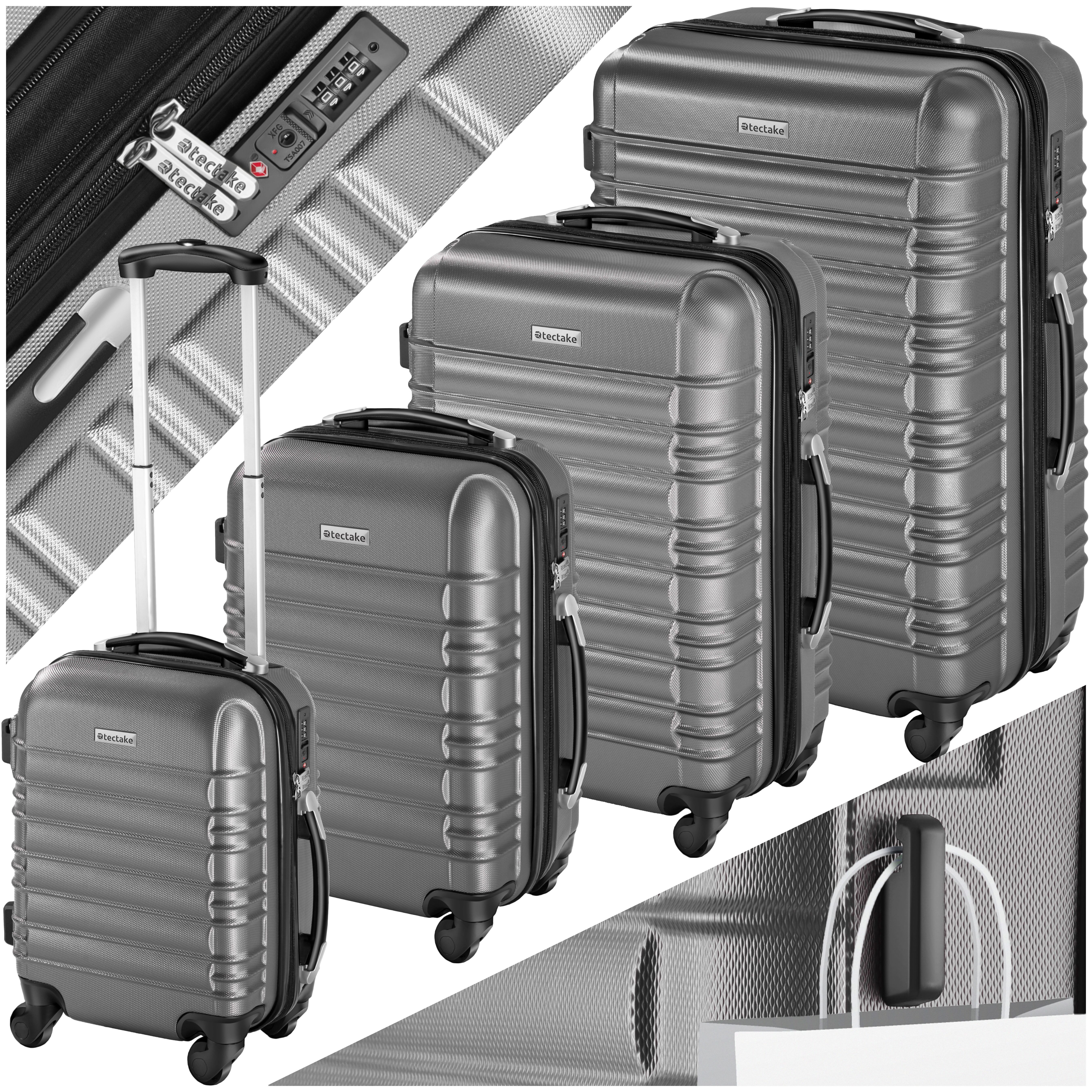 tectake Trolley Hartschalenkoffer-Set, 4 Rollen, 4-teilig, aus robustem ABS-Kunststoff