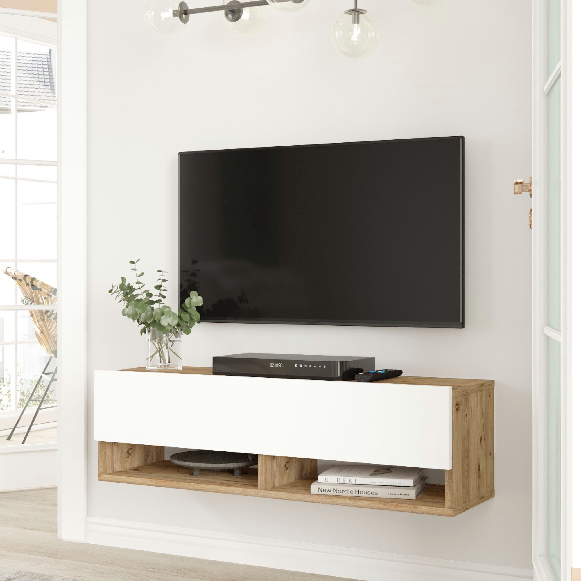 en.casa TV-Schrank »Laitila« TV Hängeboard 100x31,5x29,5cm Eiche rustikal/Weiß