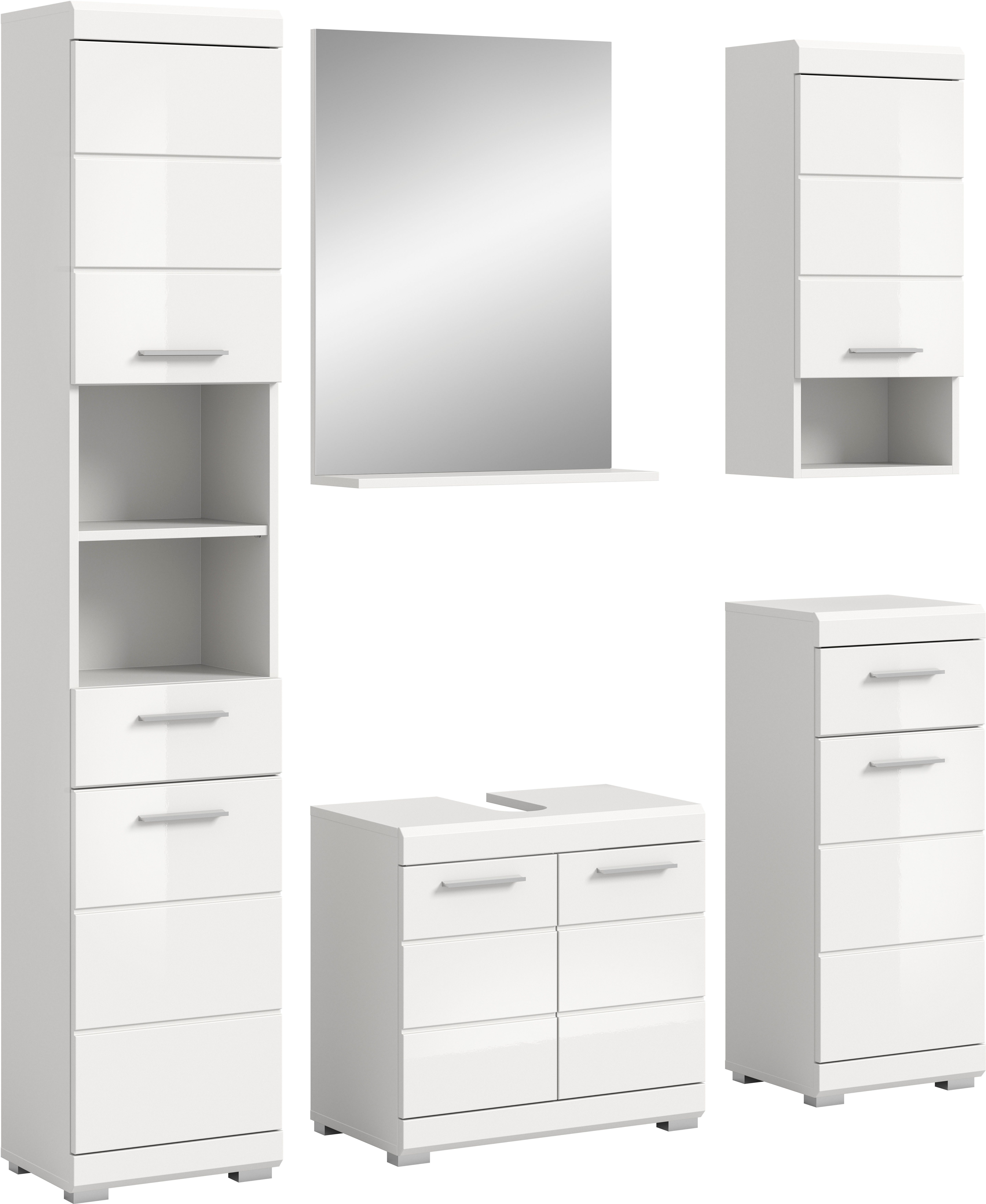 welltime Badmöbel-Set Siena, 5 teilig, bestehend aus:, (Set, 5-St., TOPSELLER), Hochschrank, WBU, Spiegel, Unterschrank, Hängeschrank