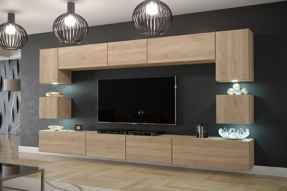 ROYAL24_MARKT Wohnwand - Hochwertige Wohnwand: Premium Material für dein Wohnzimmer, (Komplett Set, 11-St., LED Beleuchtung), Funktionalität - Stil und Design - Größe und Platzbedarf Sonoma Eiche