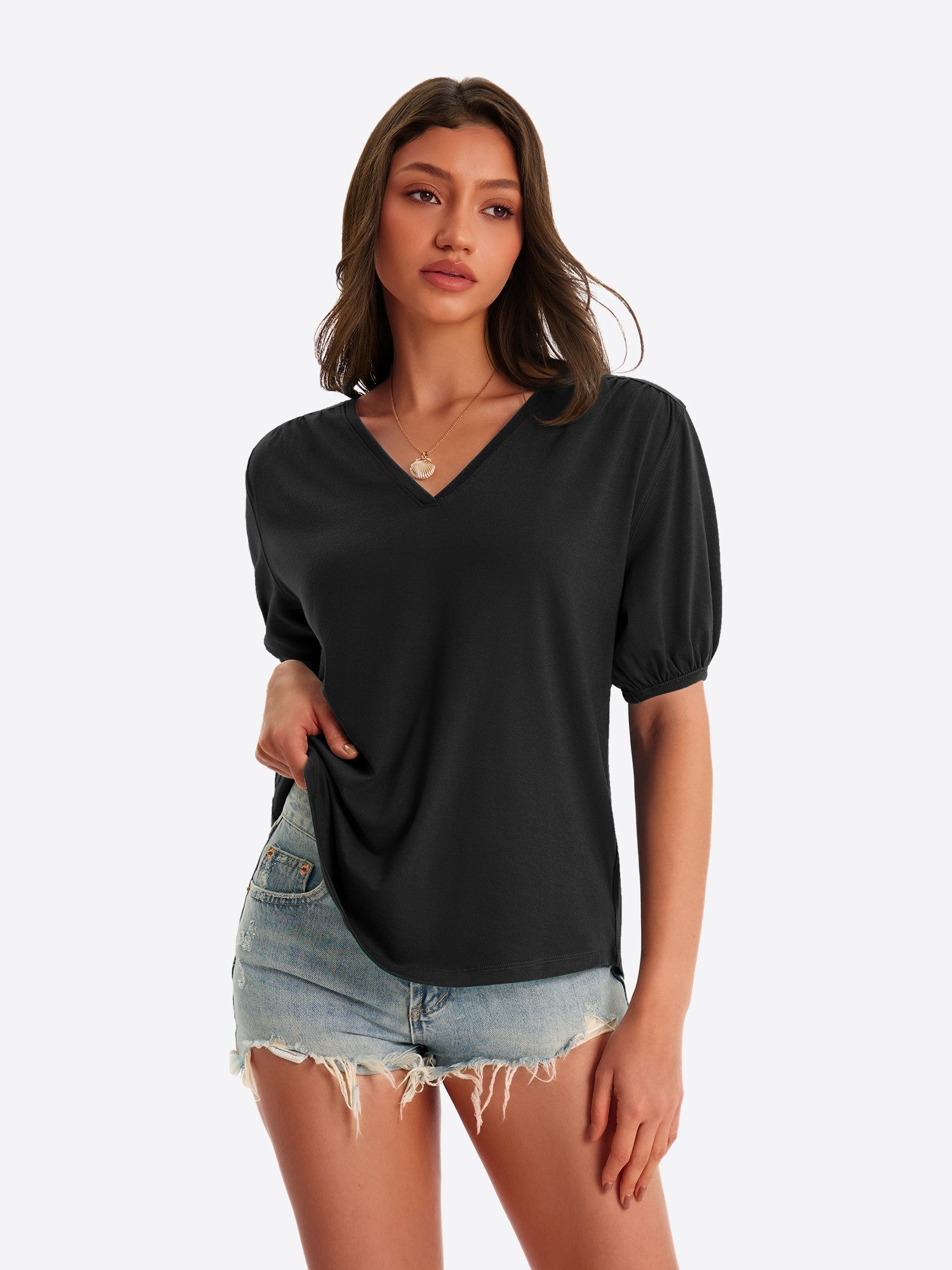 Imily Bela T-Shirt Damen Puffbluse mit V-Ausschnitt (Packung, 1-tlg., 1per-Pack) Bogensaum – Bild 4 von 5