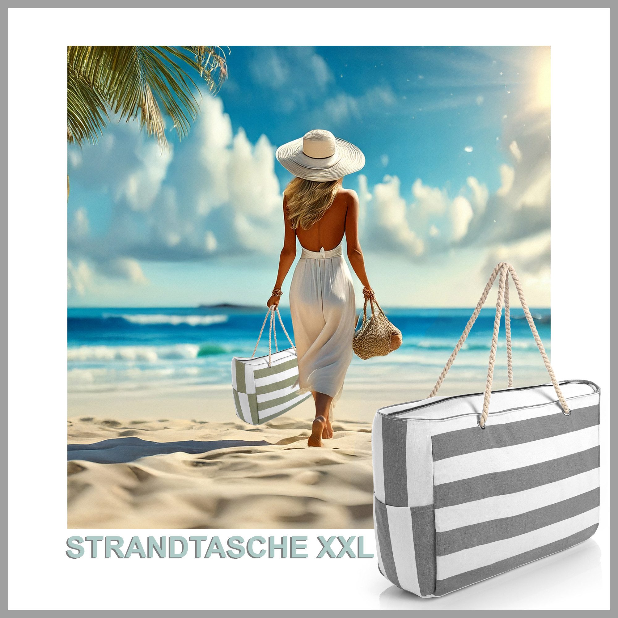 BigDean Strandtasche Badetasche XXL 2 Stück grün & grau weiß große mit Reißverschluss (Set, 2-tlg., Badetaschen), Waschbar, 30°c
