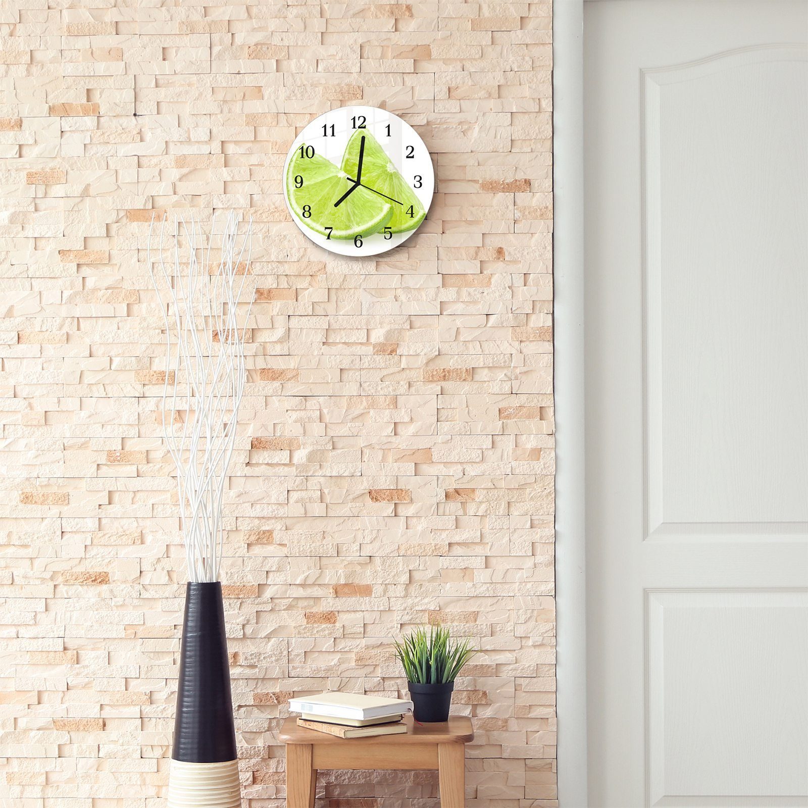 Wanduhr aus Wanduhr - Rund mit Glas 30 Quarzuhrwerk cm Durchmesser mit und Limettenschnitze Motiv Primedeco