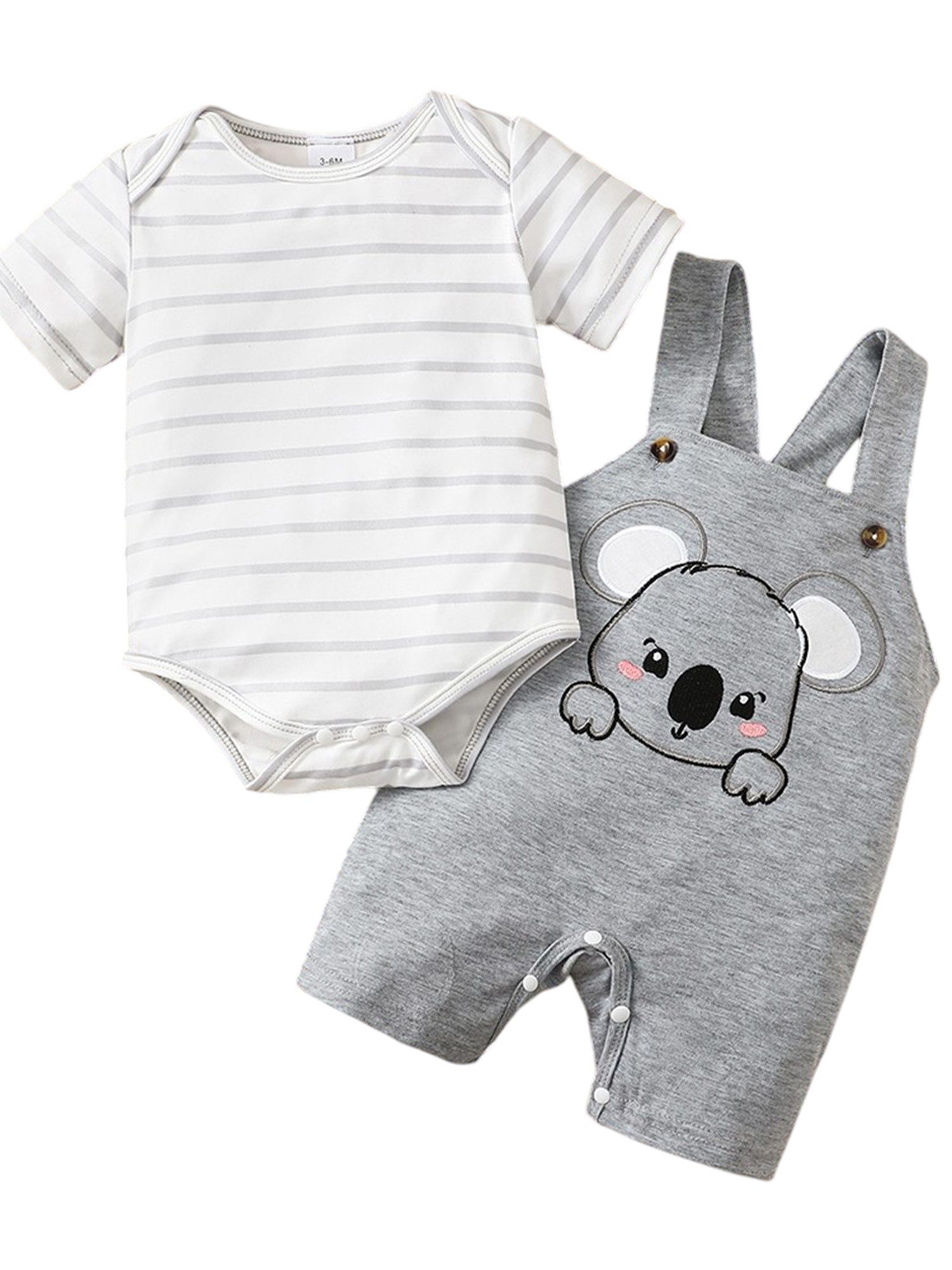 Gluckids Strampler Neugeborene Overall Outfit Kurzarm Strampler + Tierdruck Latzhose Set (2-tlg) Stripe Sommer Babybody Jumpsuit Täglich Freizeit Baby-Set Babykleidung