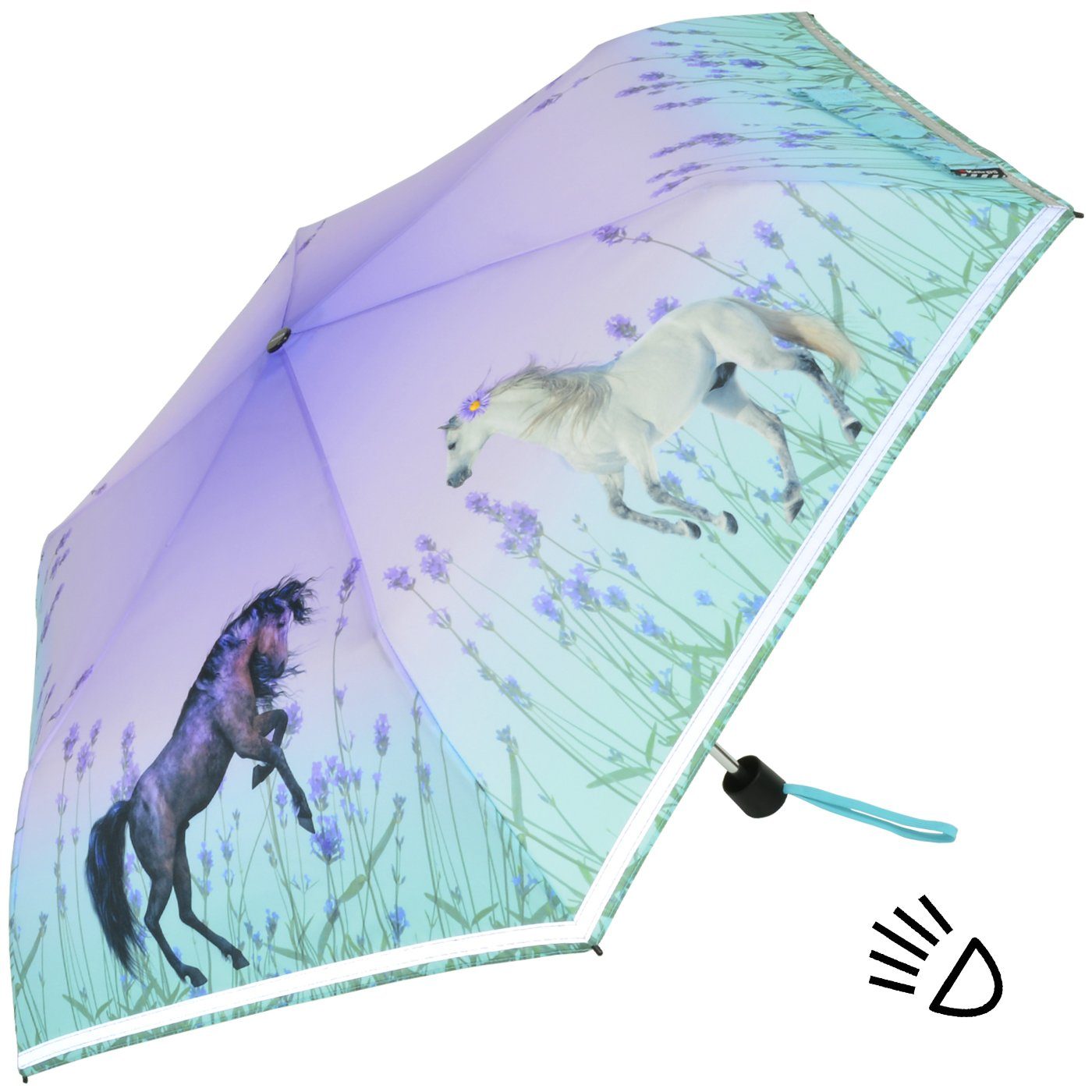 Taschenregenschirm Horses mit Wild Knirps® Kinderschirm 4Kids dem Schulweg, Pferde, reflective auf Reflexborte, Sicherheit