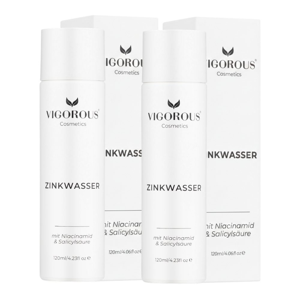 Vigorous Cosmetics Gesichtspflege Zinkwasser gegen Akne, Pickel & Unreinheiten Spar-Set, Bis zu 91% weniger Unreinheiten nach 21 Tagen, Made in Germany