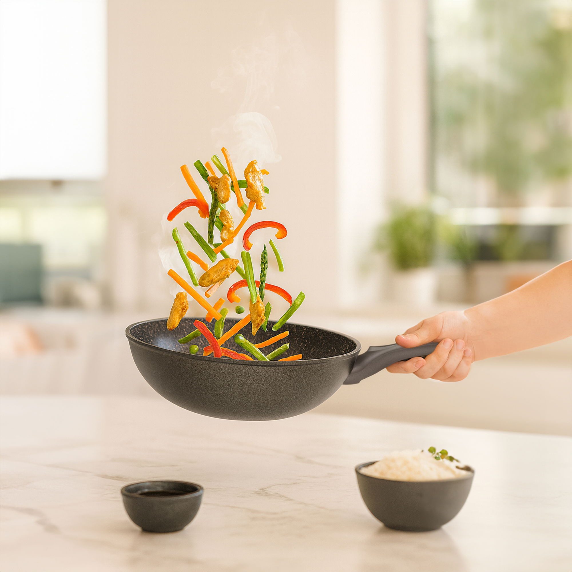 STONELINE Wok, Aluminium (1-tlg), mit echten Steinpartikeln, induktionsgeeignet, Made in Germany