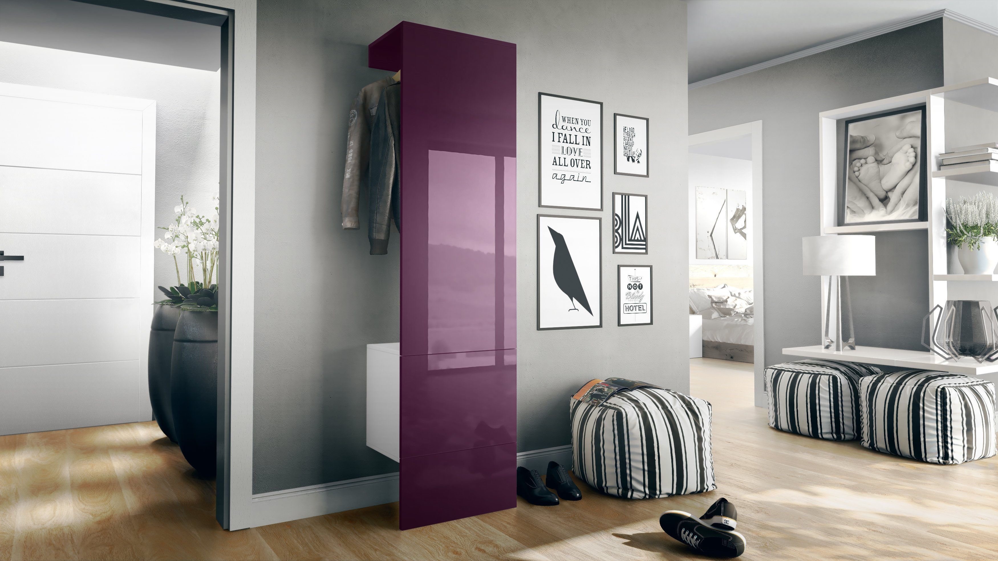 Vladon Garderoben-Set Carlton Set 5, (Wandgarderobe bestehend aus, mit integrierter Tür und 1 Kleiderstange), Weiß matt/Brombeer Hochglanz (52 x 193 x 35 cm)