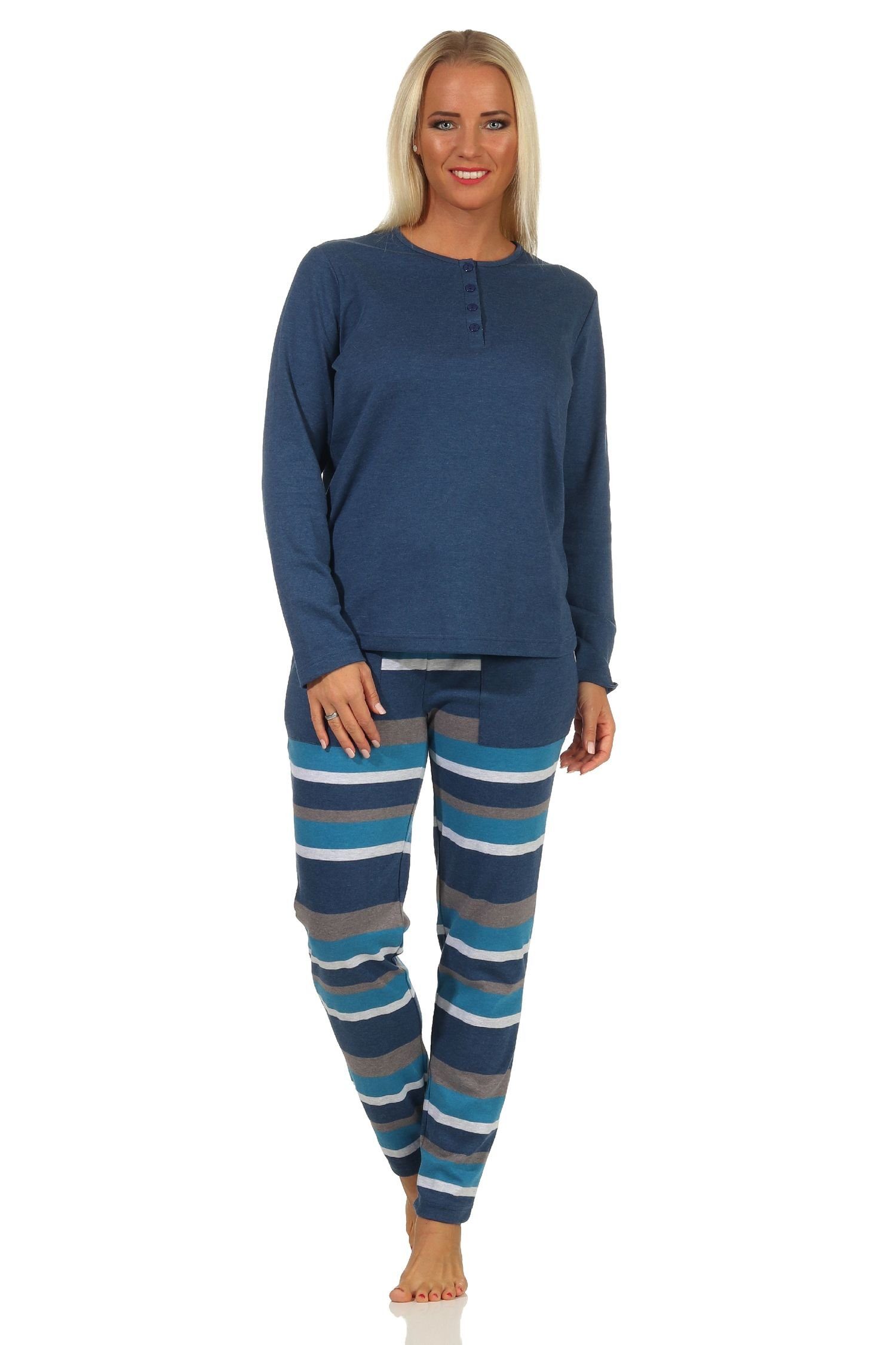 Normann Hose Damen Qualität gestreifter Kuschel Interlock Pyjama blau in Schlafanzug mit