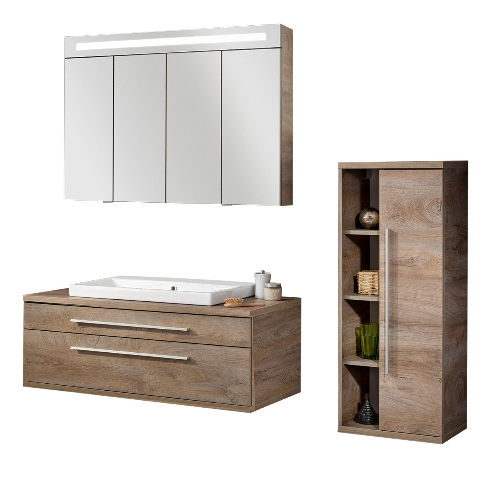 FACKELMANN Badmöbel-Set STANFORD 110 cm breit, Braun, Keramik+Spiegelschrank+Midischrank