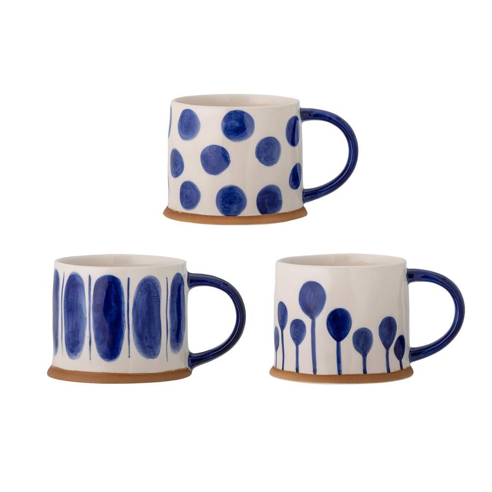 Bloomingville Tasse Linora Becher, Blue, Steingut, Steinzeug, Keramikbecher, Teebecher, Frühstücksbecher, handbemaltes Unikat