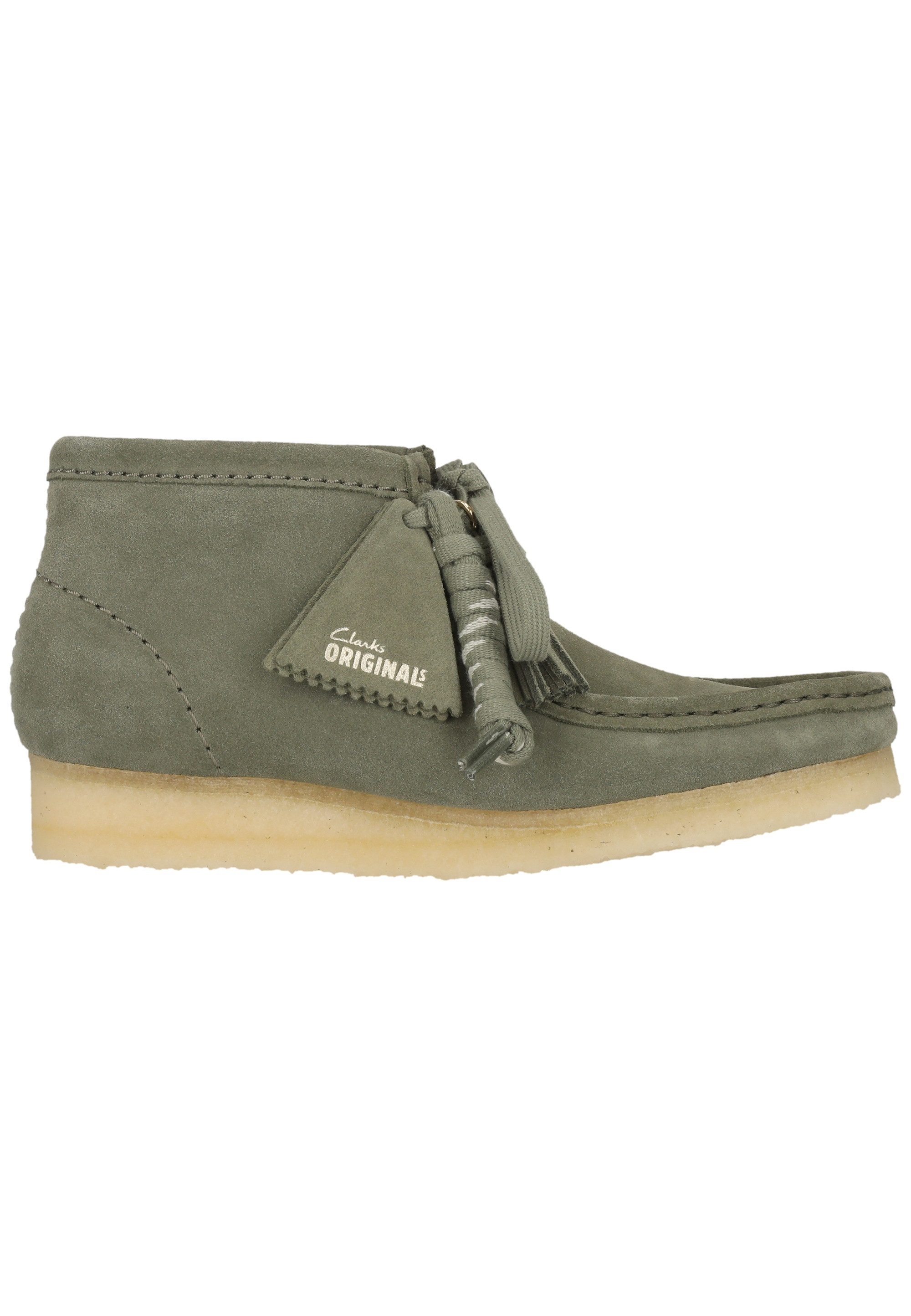 Clarks Wallabee Boot. Khaki/Green Sde Schnürschuh mit ikonischer Sohle