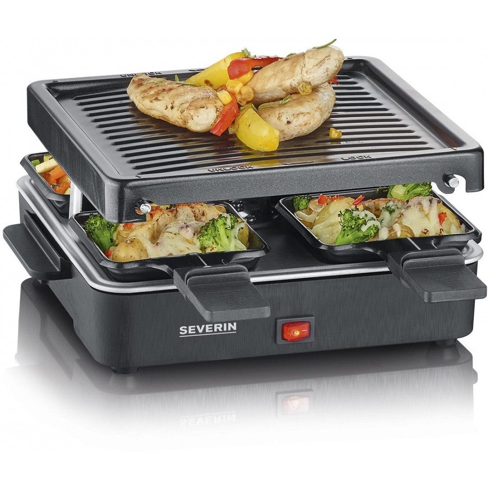 Severin Raclette Severin RG 2370 Raclette für 4 Personen - Schwarz., 4 Raclettepfännchen