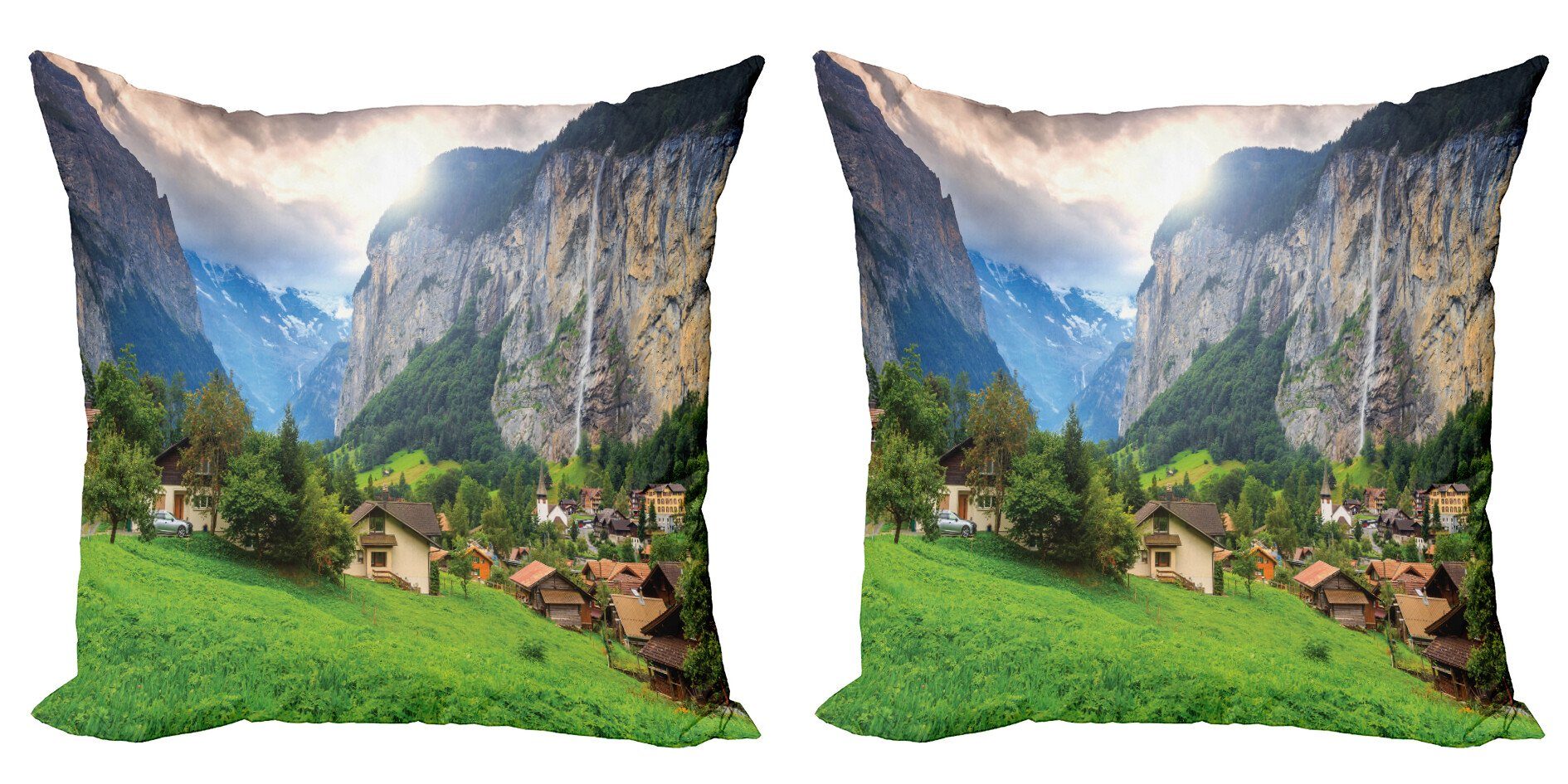 Kissenbezüge Modern Accent (2 Stück), Abakuhaus Sonnenlicht Wasserfall Digitaldruck, Doppelseitiger Landschaft