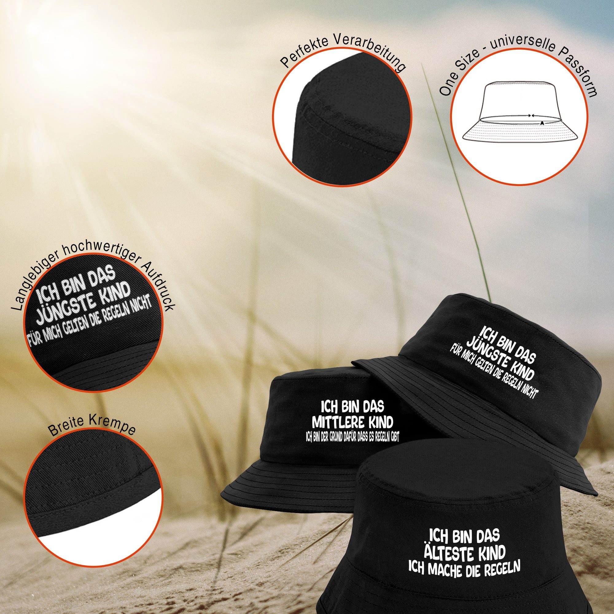 Herzbotschaft Sonnenhut 3er Set Bucket Hats Ich bin das jüngste das mittlere das älteste Kind (Unisex Einheitsgröße, Sommerhut mit Spruch, Festivalhut, Fischerhut) für Damen & Herren