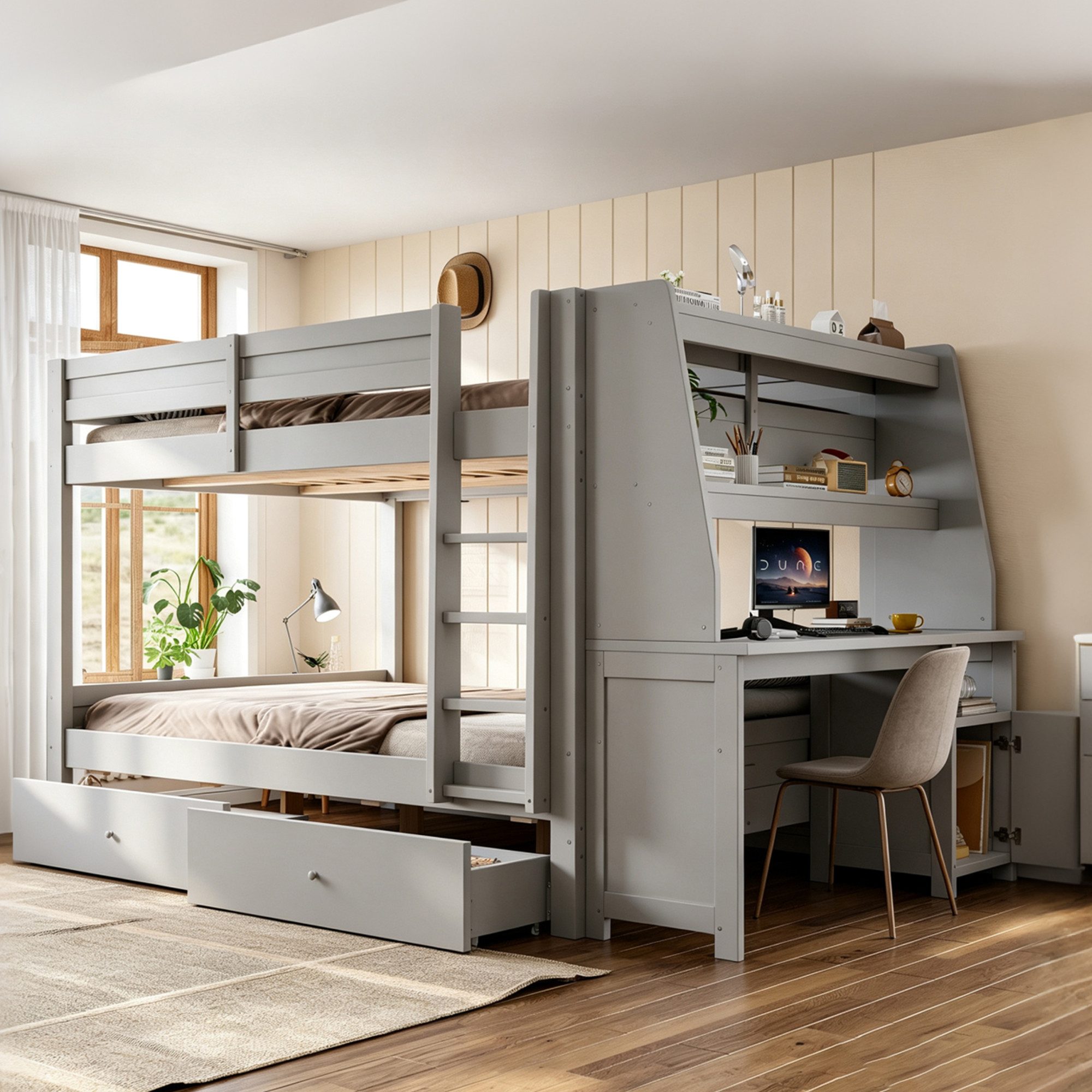 Flieks Etagenbett, Holzbett 140x200cm mit Schubladen und seitlichem Schreibtisch