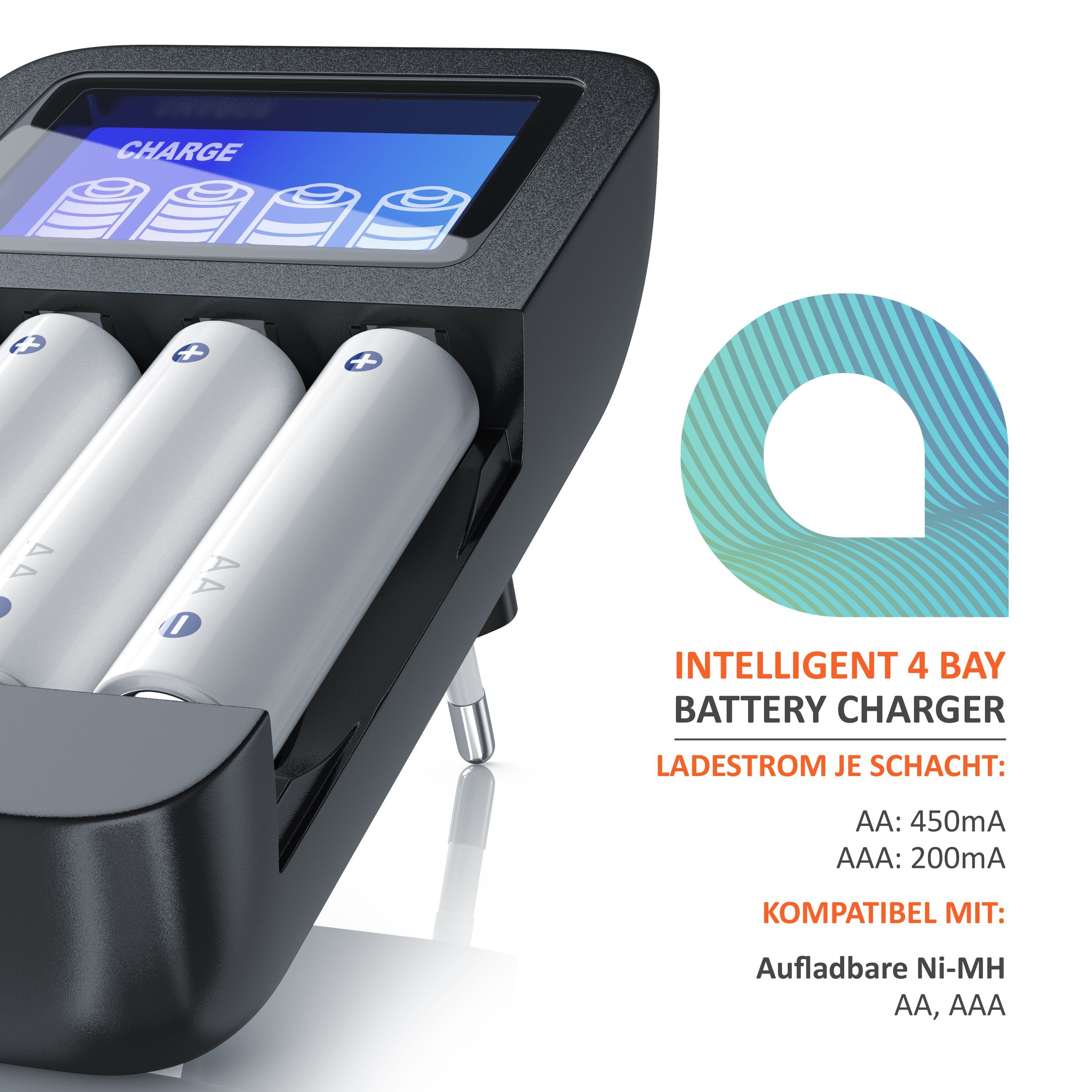 Aplic Universal 4-Schacht Akkulader geeignet für Typ AA / AAA NiMH Akkus Batterie-Ladegerät (2700 mA, 1-tlg., Mikroprozessorgesteuertes Laden, 4 Akkus, LCD, Bat – Bild 5 von 5