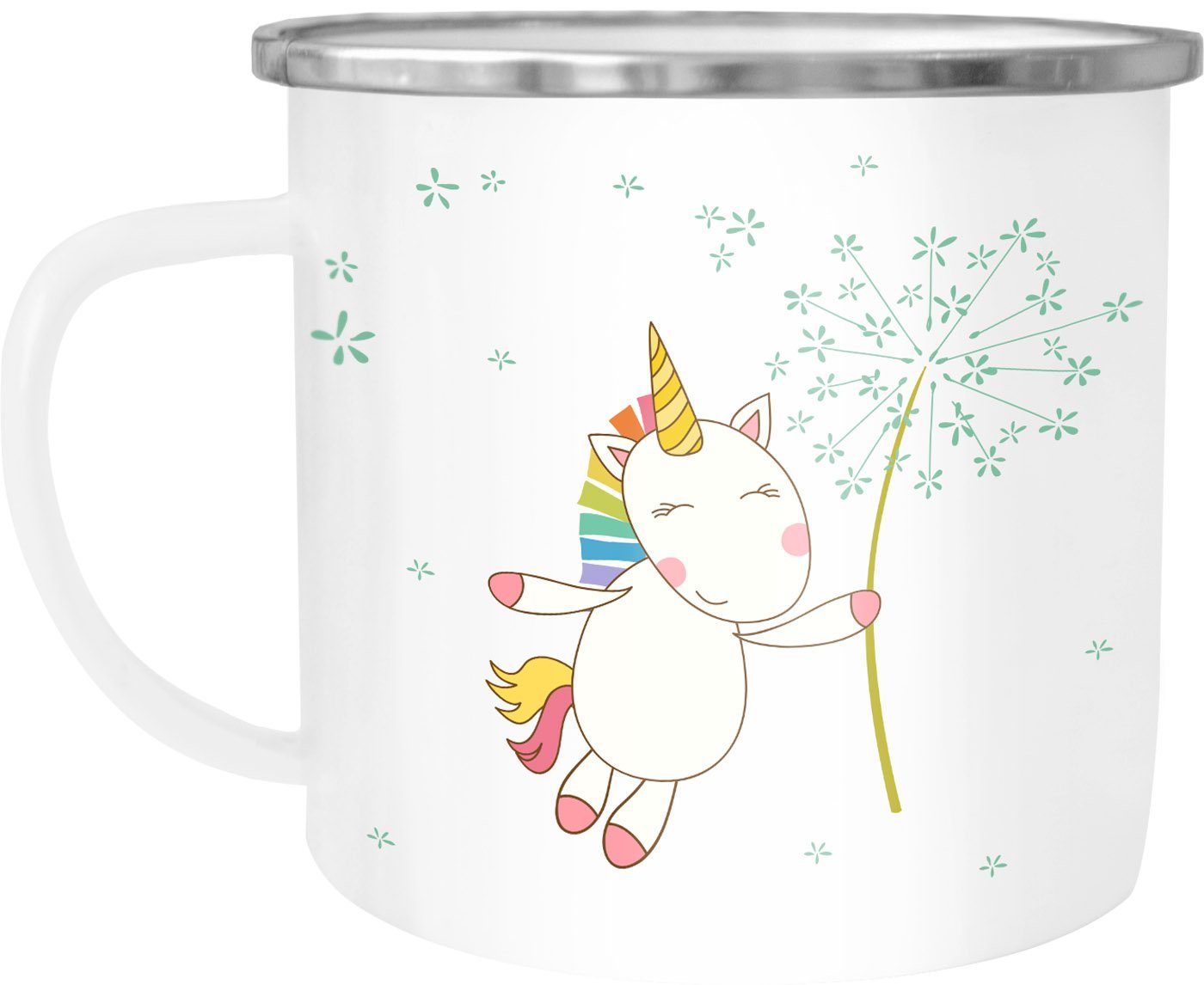 MoonWorks Tasse Emaille Tasse Becher Einhorn Pusteblume Unicorn Dandelion  Einhorntasse Kaffeetasse Moonworks®, emailliert und mit Aufdruck