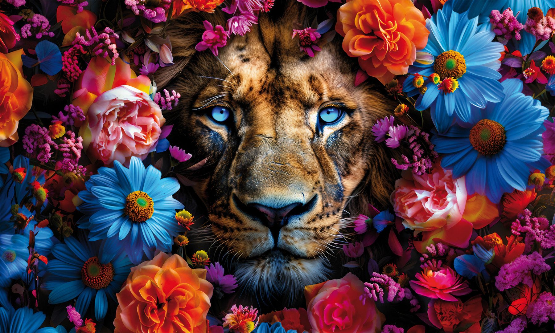 Bönninghoff Leinwandbild Wandbild LÖWE MIT BLUMEN XXL 90x150 cm – Leinwandbild Keilrahmen Deko, Blumen, Raubkatzen, Tiger (1 St), auf Keilrahmen gespannt