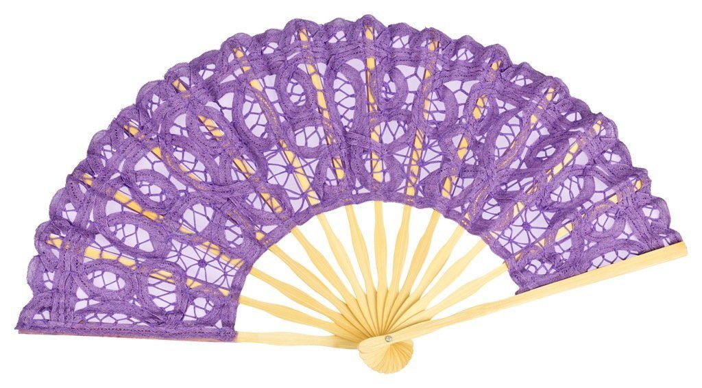 von Lilienfeld Handfächer Fächer Carmen handgeklöppelte Spitze Bambusstäbe Handfächer, Zierquaste, echte geklöppelte Battenburg-Spitze (Baumwolle) violett