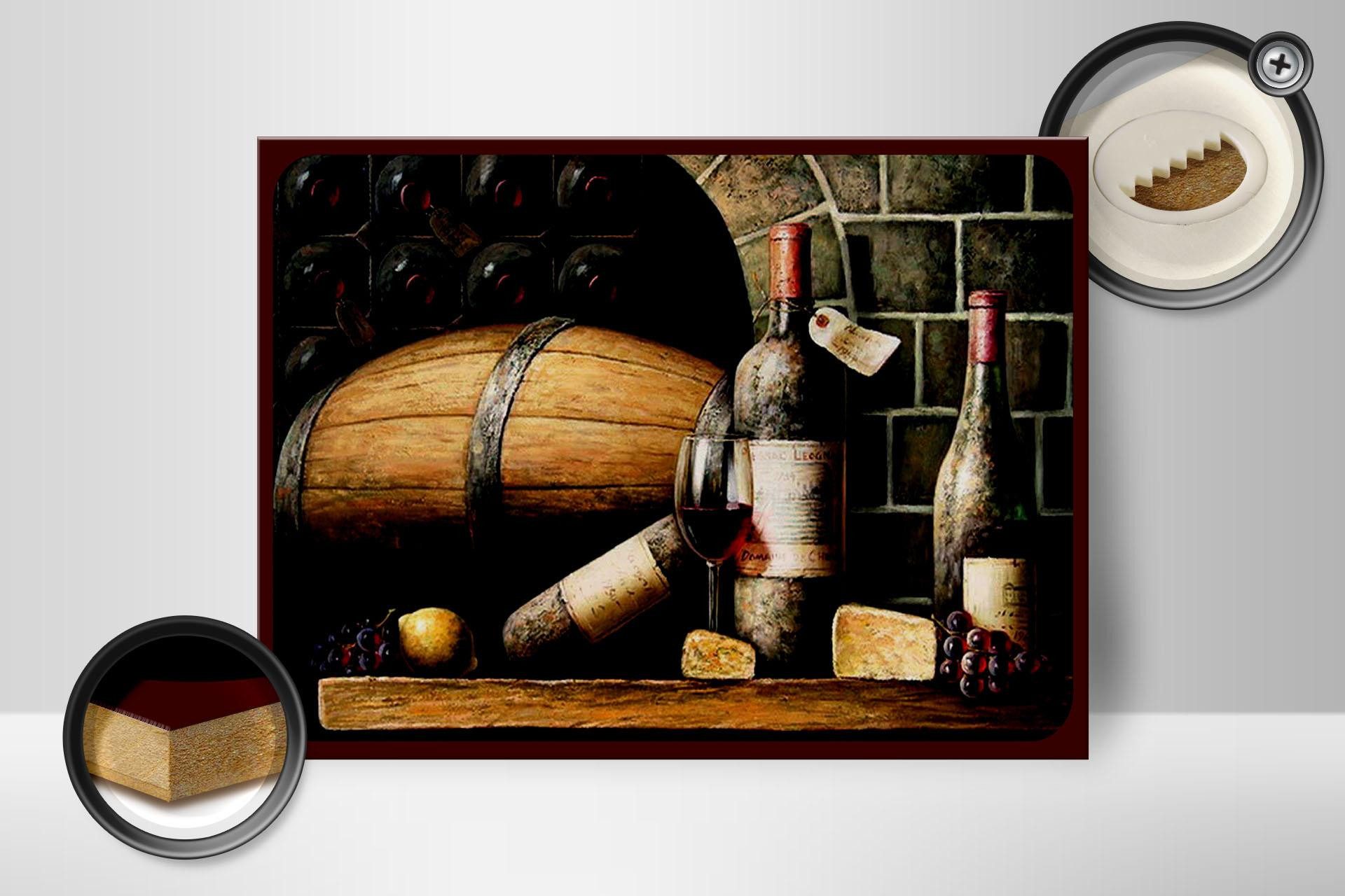 Femer GmbH Holzbild Retro 30x40 cm Rotwein Weinfass Weintrauben, (1 St), Glatte Holzfaserplatte (MDF), vorn beschichtet