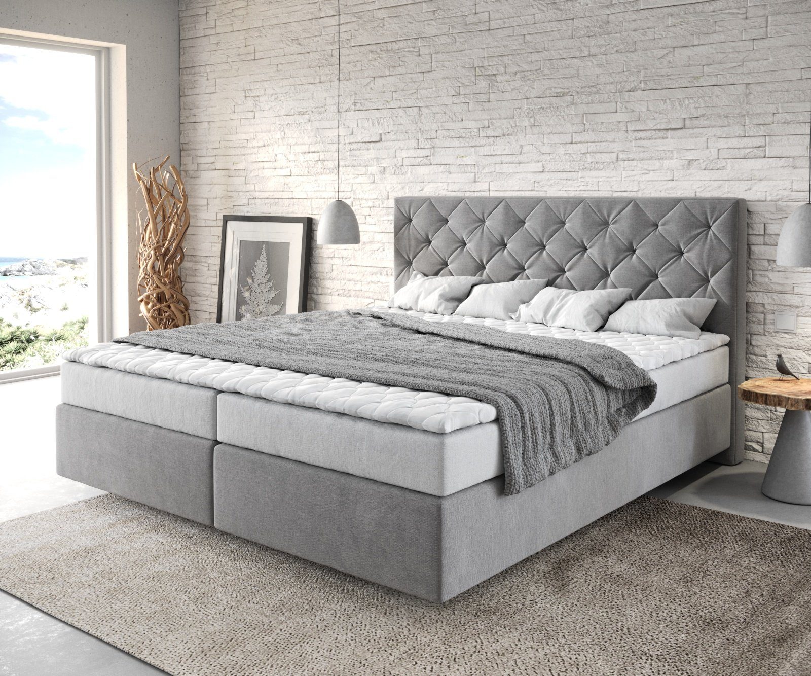 DELIFE Boxspringbett Dream-Great, Mikrofaser Grau 180x200 cm mit Matratze und Topper