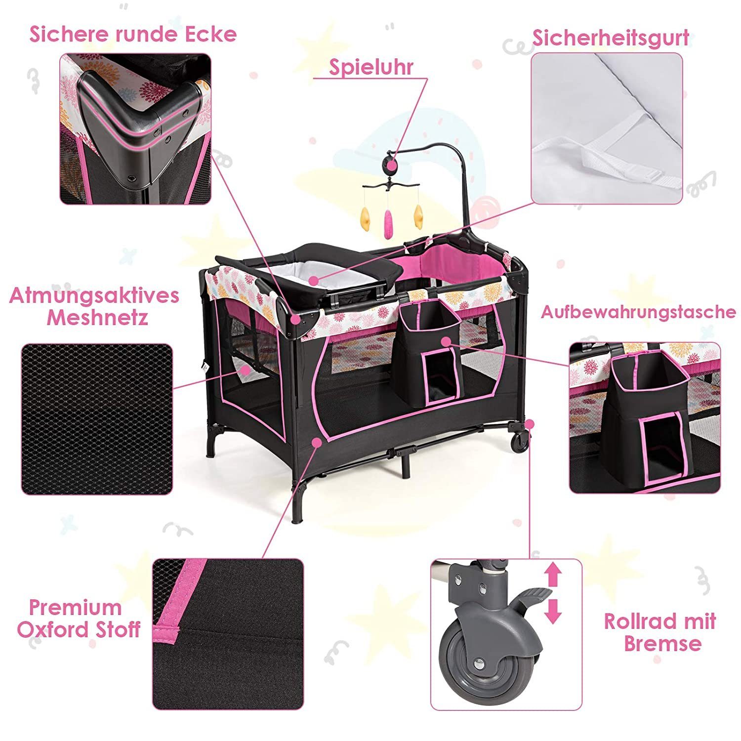 COSTWAY Baby-Reisebett 4 in 1 Wickeltisch, höhenverstellbar mit Matratze, Spieluhr
