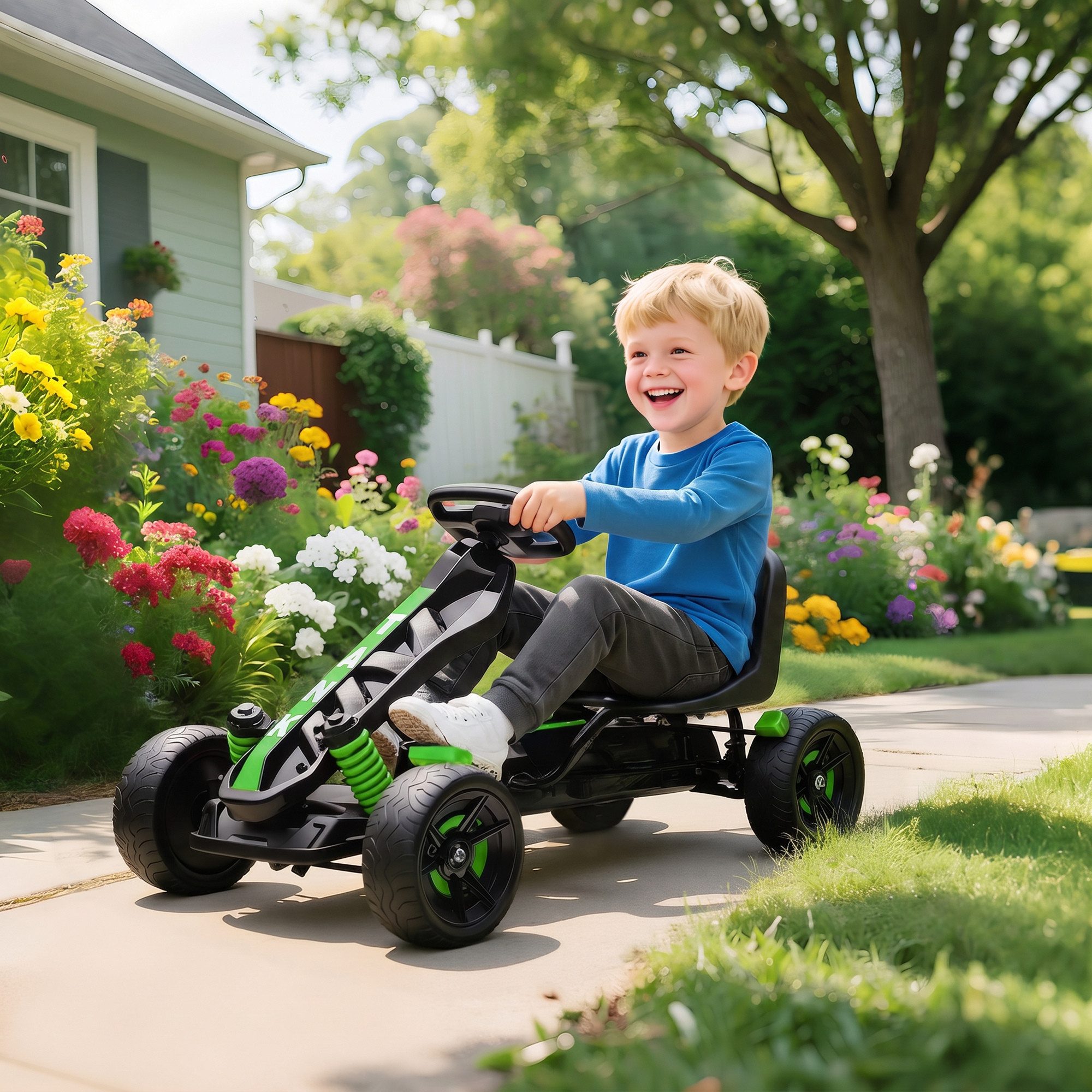 AIYAPLAY Go-Kart Tretauto mit Handbremse Automatisches Kupplungssystem, für Kinder 3-6 Jahren Grün – Bild 2 von 5