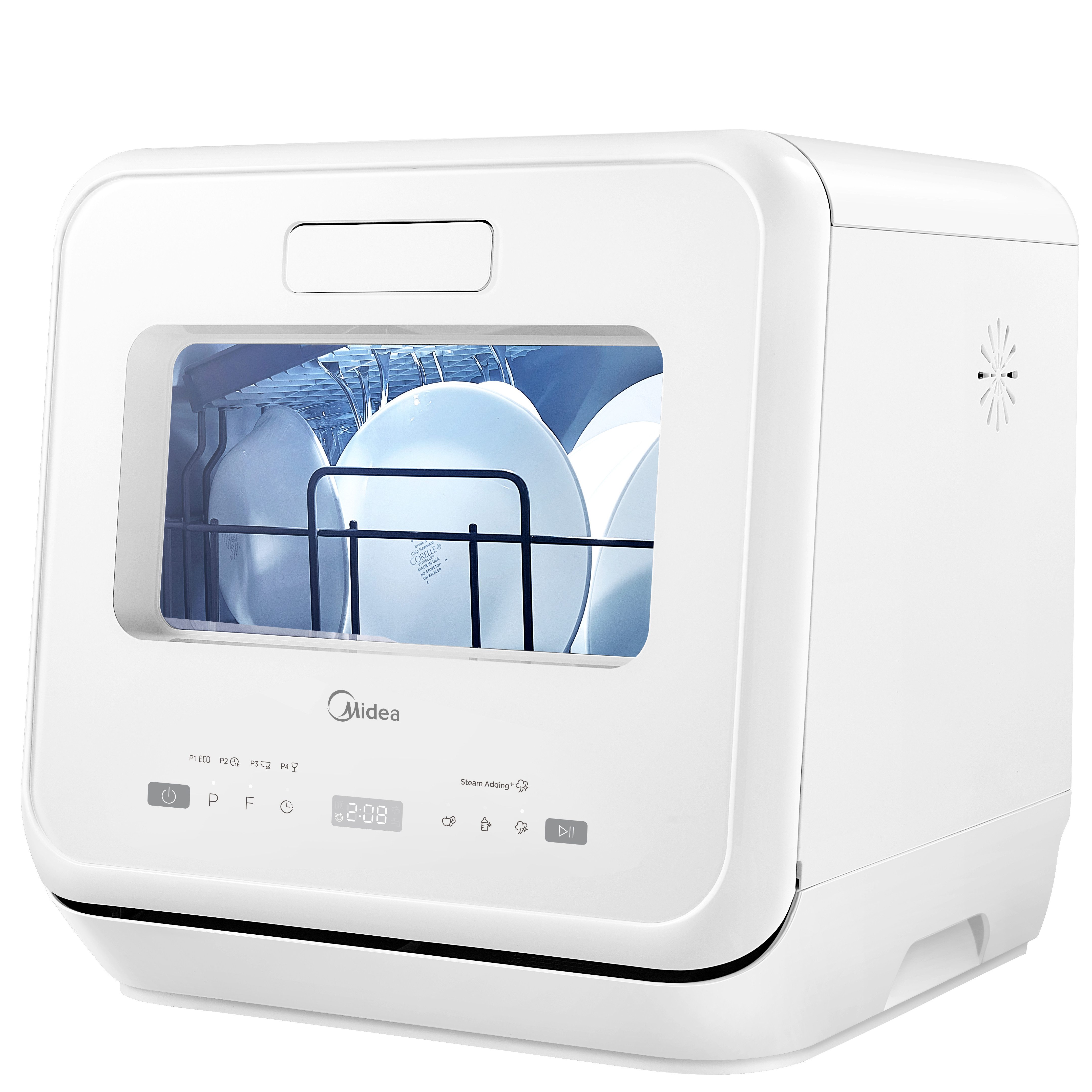 Midea Tischgeschirrspüler MDWMT201DW, 2 Maßgedecke, Wassertank, 9 Programme, Touch Control, Babypflege & Früchte waschen