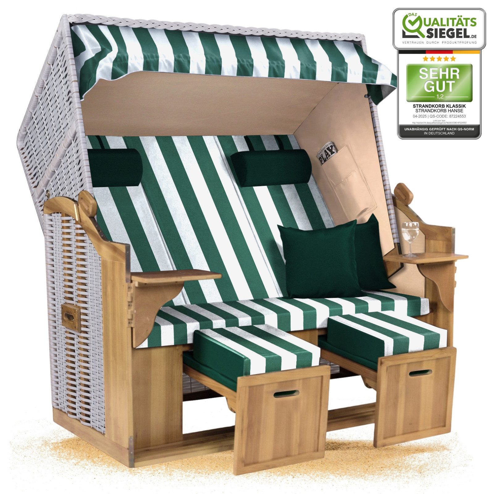 Strandkorb Hanse Strandkorb Strandkorb Ostsee XXL 2,5-Sitzer Volllieger Beige Grün, BxTxH: 150x80x160 cm, Ostsee XXL Volllieger, Ostsee 2,5-Sitzer Modell 2025, Stabiles Wacholder mit handgefertigtem Polyrattangeflecht