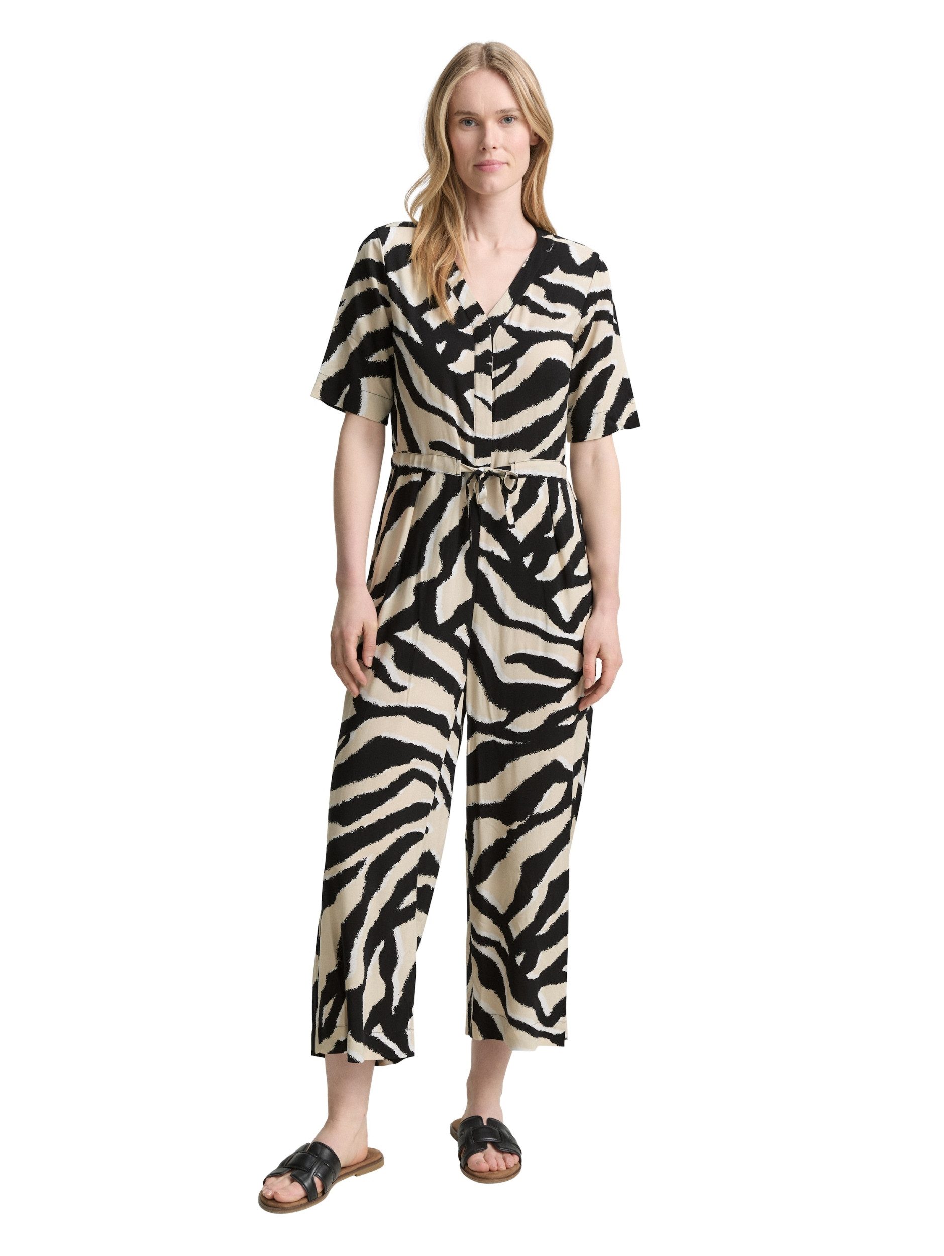 TOM TAILOR Blusenkleid overall v-neck with belt abstract beige zebra