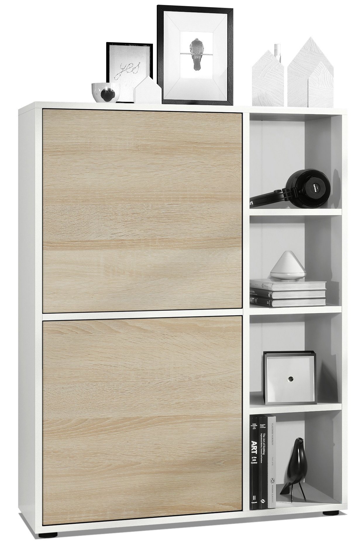 Vladon Highboard Cuba (Anrichte, mit 2 Türen und 4 offene Fächer), Weiß matt/Eiche sägerau (79 x 105,5 x 35,5 cm)